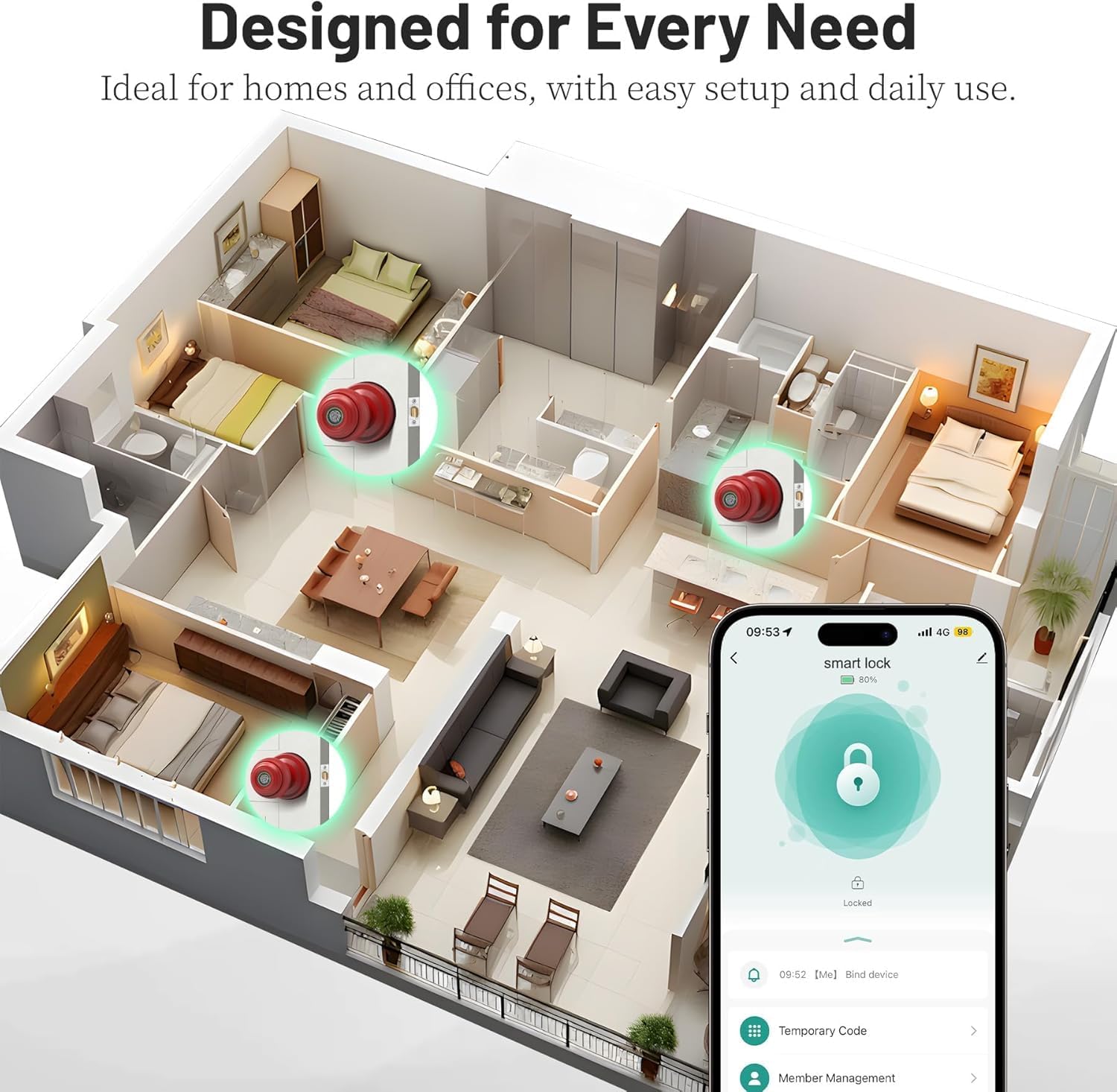 Smart Fingerprint Door Lock with Tuya App Control, Keyless Entry Lock with Backup Key, Auto-Lock, Easy Install for Home, Apartment, Office Red