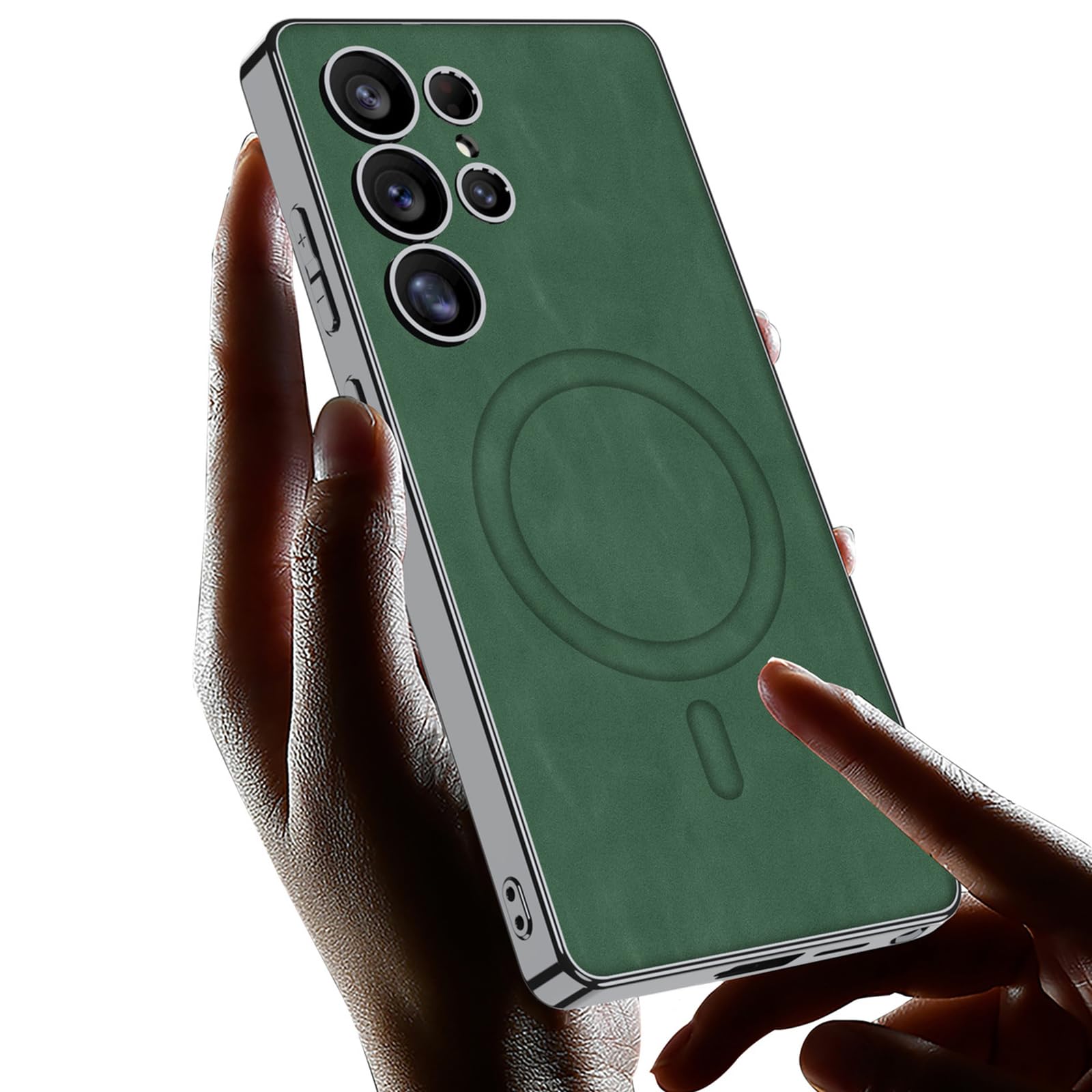 Etui do Samsung Galaxy S25 Ultra/S25 Plus/S25, magnetyczne etui ochronne ze skóry z przyssawką, minimalistyczne etui zapobiegające odciskom palców, zielone, S25