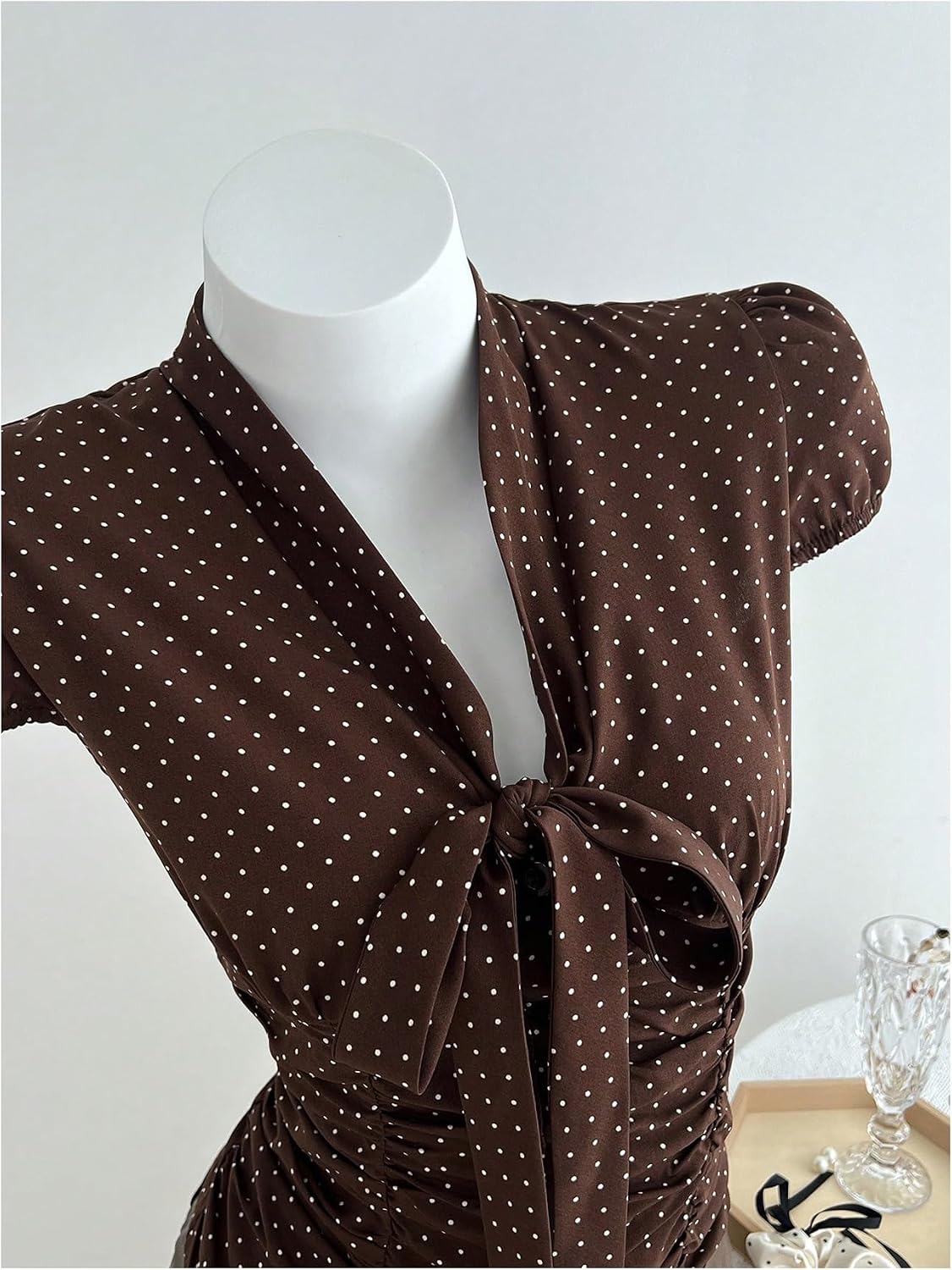 MakeMeChic Women's Polka Dots Shirt Tie Button Down Shirt Ruched Cap Puff Sleeve Blouse Tops