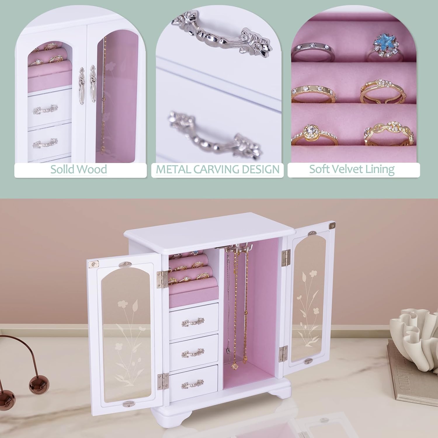 White Jewelry Box,Handle Carving Craft Wooden Jewelry Boxes,With Swivel Hook And Velvet Lining Large Jewelry Box For Women,Suitable As Gift For Friends - Image 7