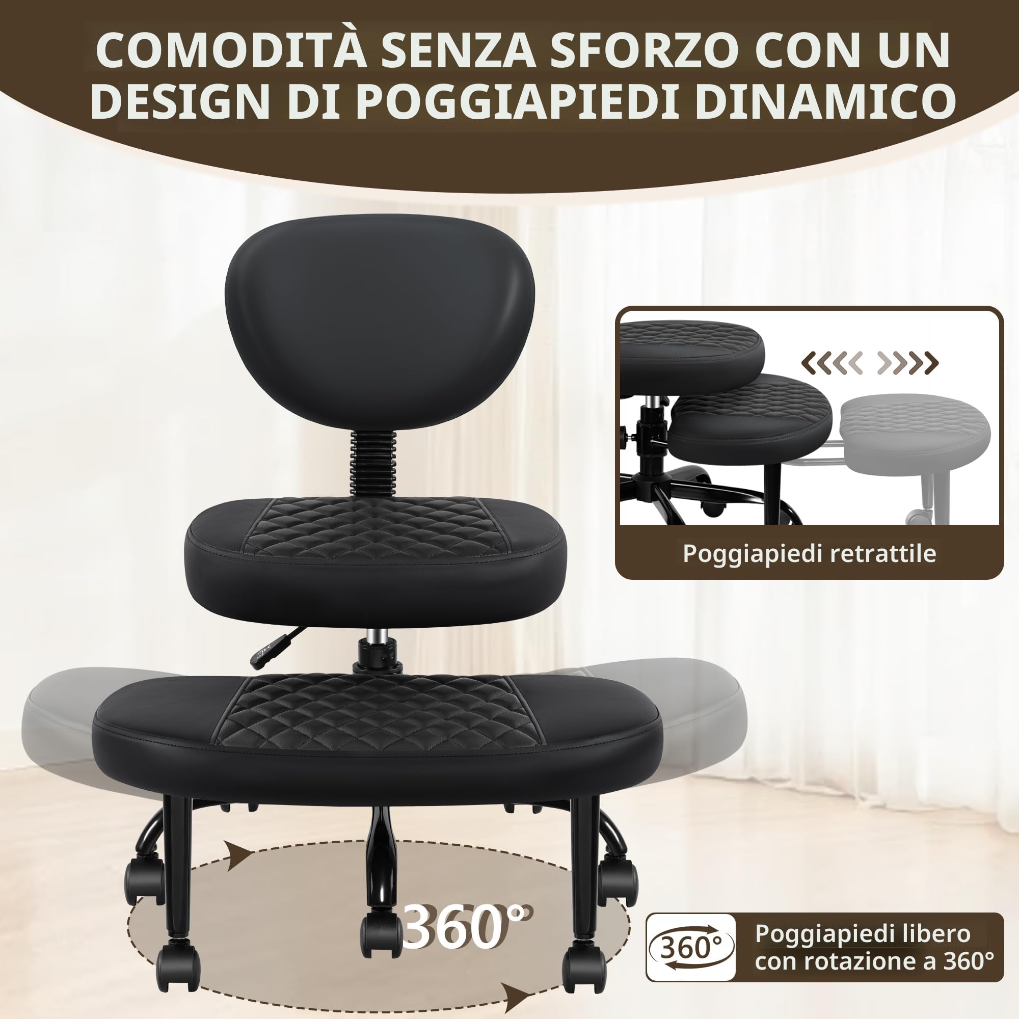 Sedia Da Ufficio A Gambe Incrociate Con Ruote - Ergonomica Con Supporto Lombare - Per Adulti ADHD E Meditazione - Nera - 3
