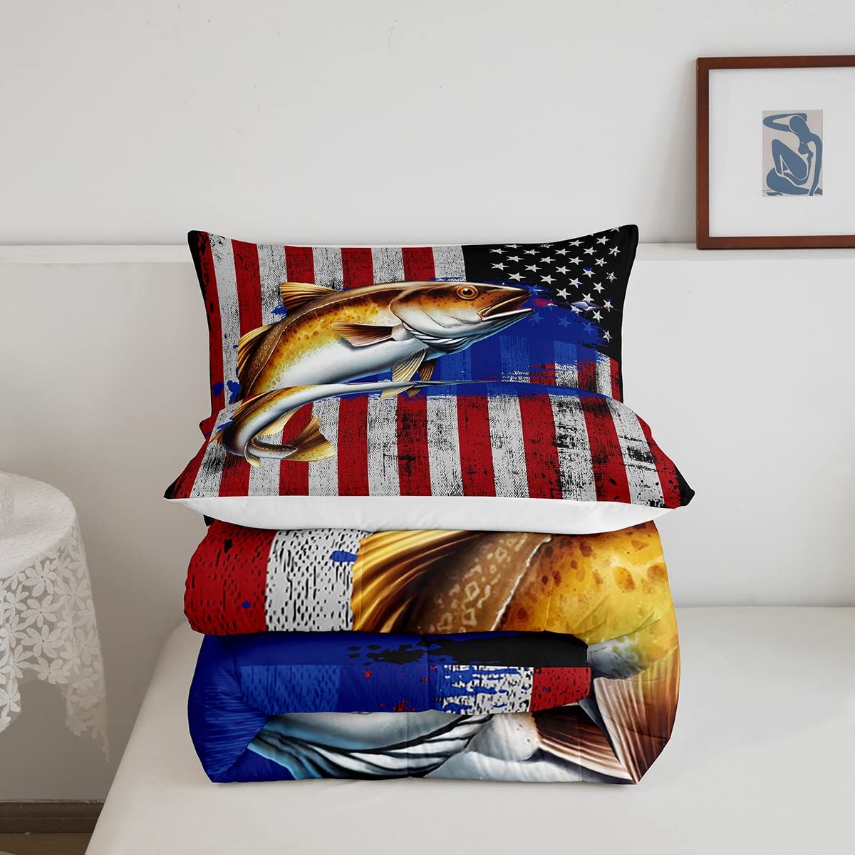 Set di biancheria da letto con bandiera americana Big Pike Fish Bass Big Fish Down Consolatore da caccia Pesca Piumino Bedding Piumino per pesci nautico Inserto/trapunta Set di pesca in mare profond