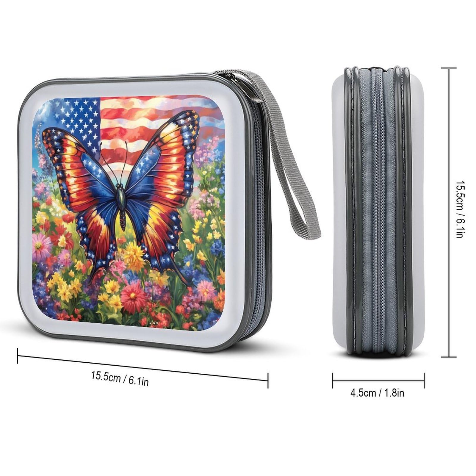 U.S Flag Butterfly Flower CD Case Plastic DVD Case Holder Wallet Disc Storage Organizer for Car Travel