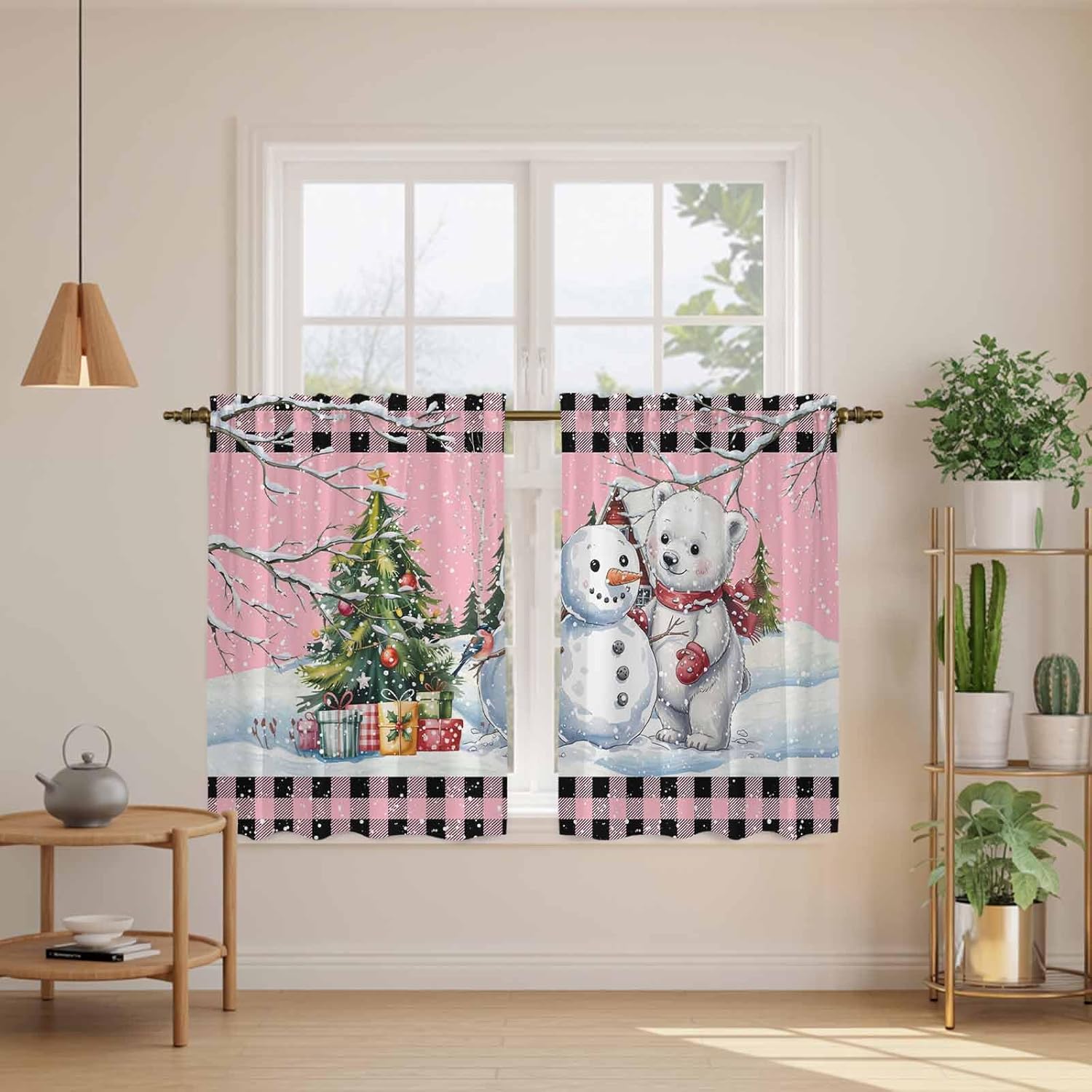 Pink Christmas Kitchen Tier Curtains 45 Inch Long 2 Panel Set,Rod Pocket Short Window Treatment,Xmas Tree Snowman Bear Snowfall Plaid Curtains & Drapes for Bathroom Basement 27.5"W x 45"L