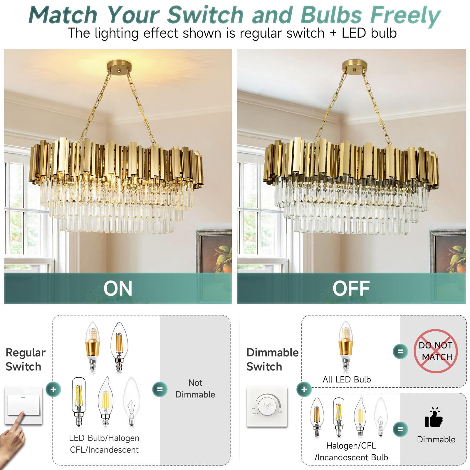 Lampadario moderno in cristallo oro, illuminazione a sospensione ovale in cristallo per soggiorno, sala da pranzo, camera da letto, ristorante, E14 x 8, 80 x 35cm