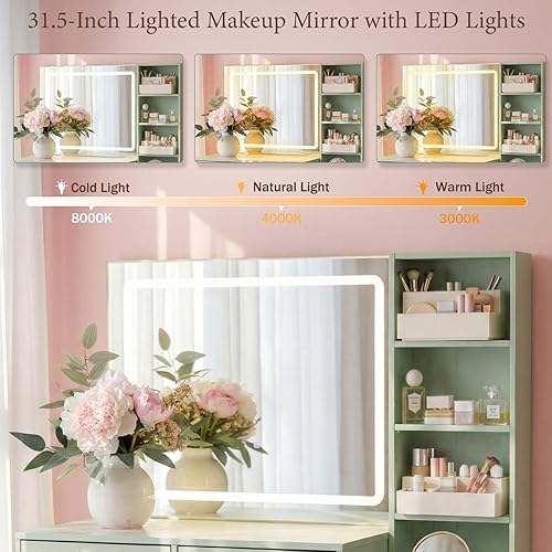 Vista 5 de Yechen Vanidad de maquillaje, juego de escritorio de ratán de 43.3 pulgadas con espejo iluminado LED de 31.5 pulgadas, 3 modos de color y brillo