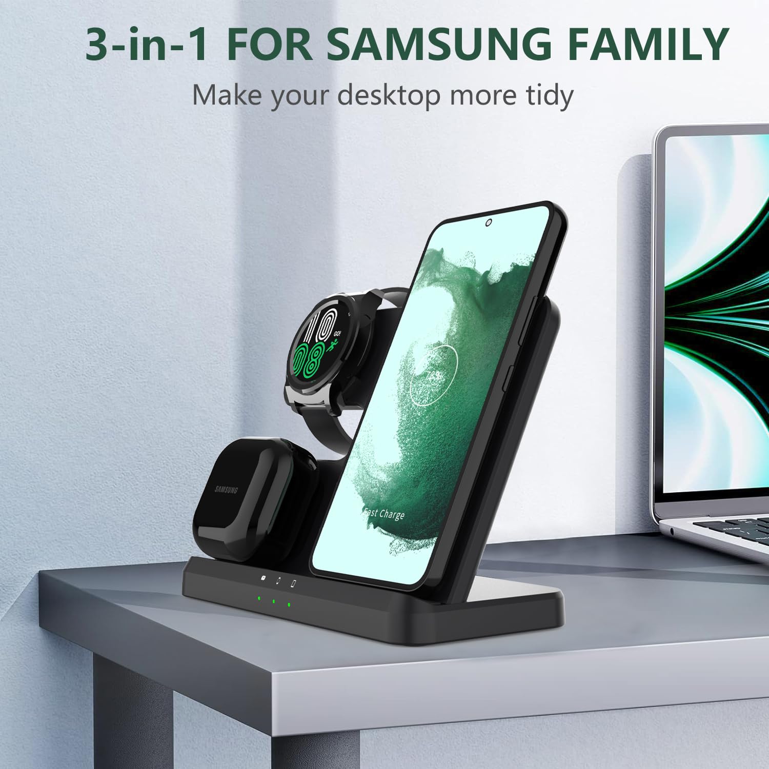 Base de Carga inductiva para Samsung, Cargador inalámbrico 3 en 1 para Galaxy Watch 5/5 Pro/4/3/Active 2/1 Cargador para Samsung Galaxy S24 Ultra S23 S22 S21 Z Flip Z Fold 5 4 Galaxy Buds
