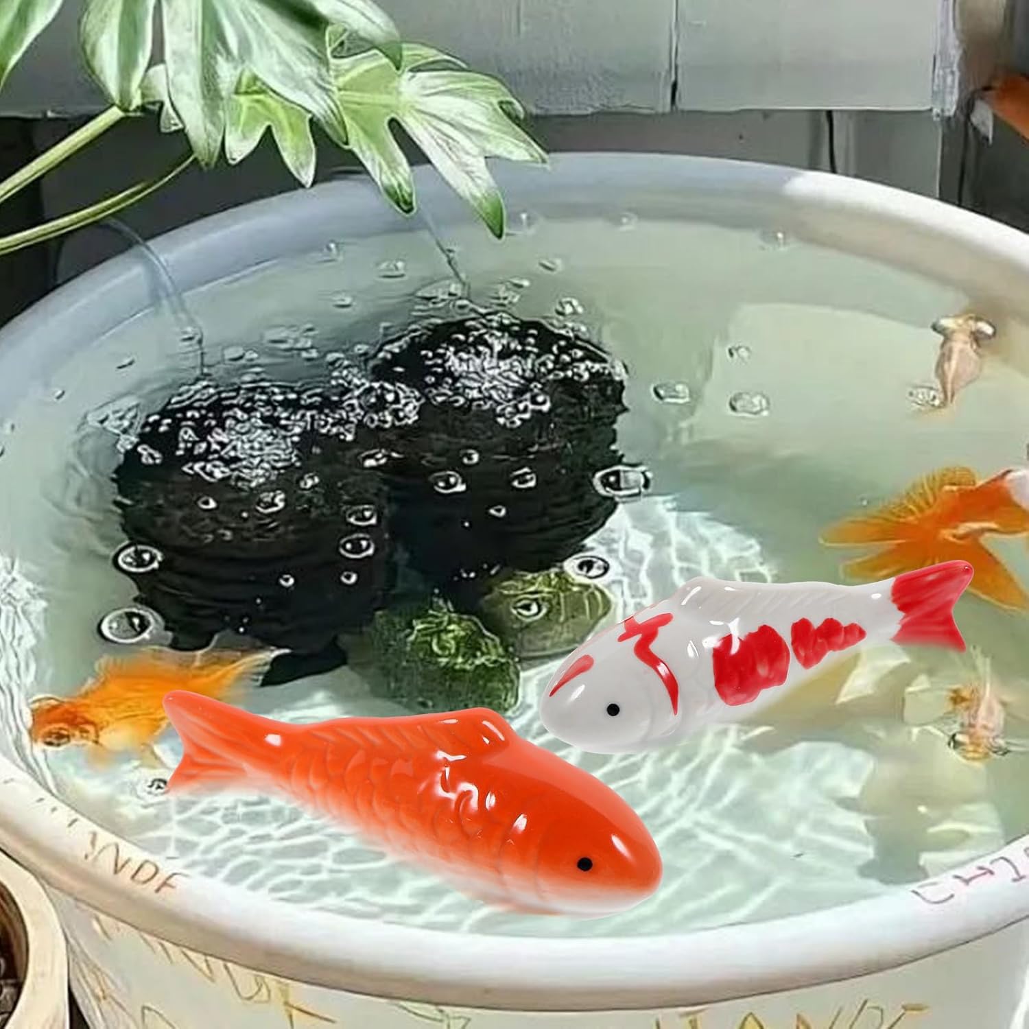 Lot De 2 Poissons Koï Flottants en Céramique - Décoration pour Bassin, Fontaine et Jardin