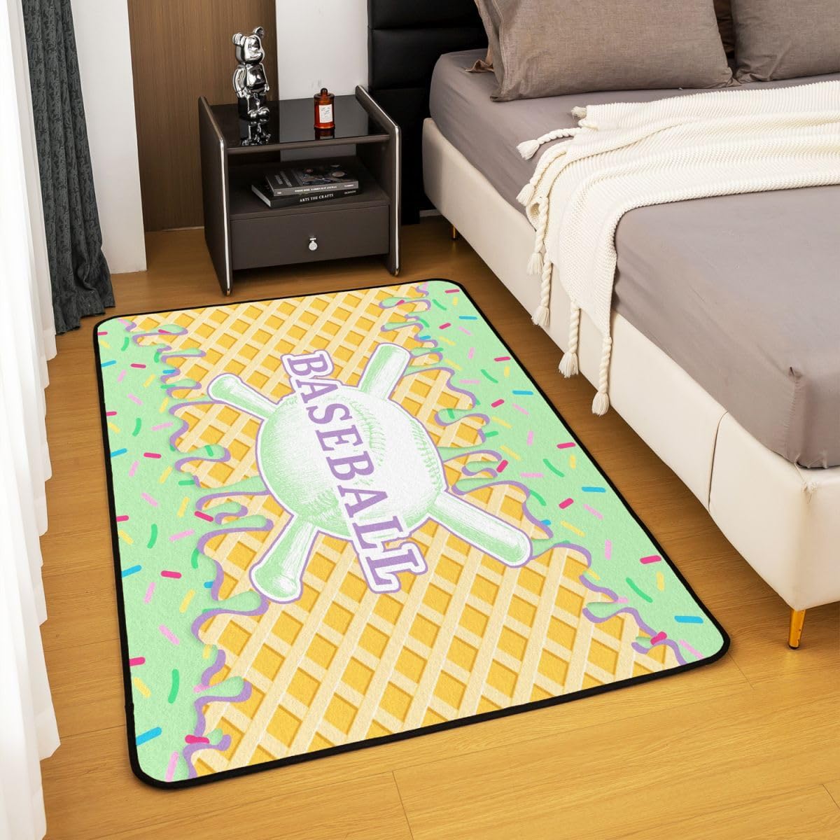 Erosebridal Baseball Decorative Carpet 3X5 Sport Ice Cream Area Rug for Boys Baseball Gaming Living Room Rugs Cute Colorful Dessert Candy Indoor Floor Mat for Kids Teens Youth Men, Yellow Green image 4