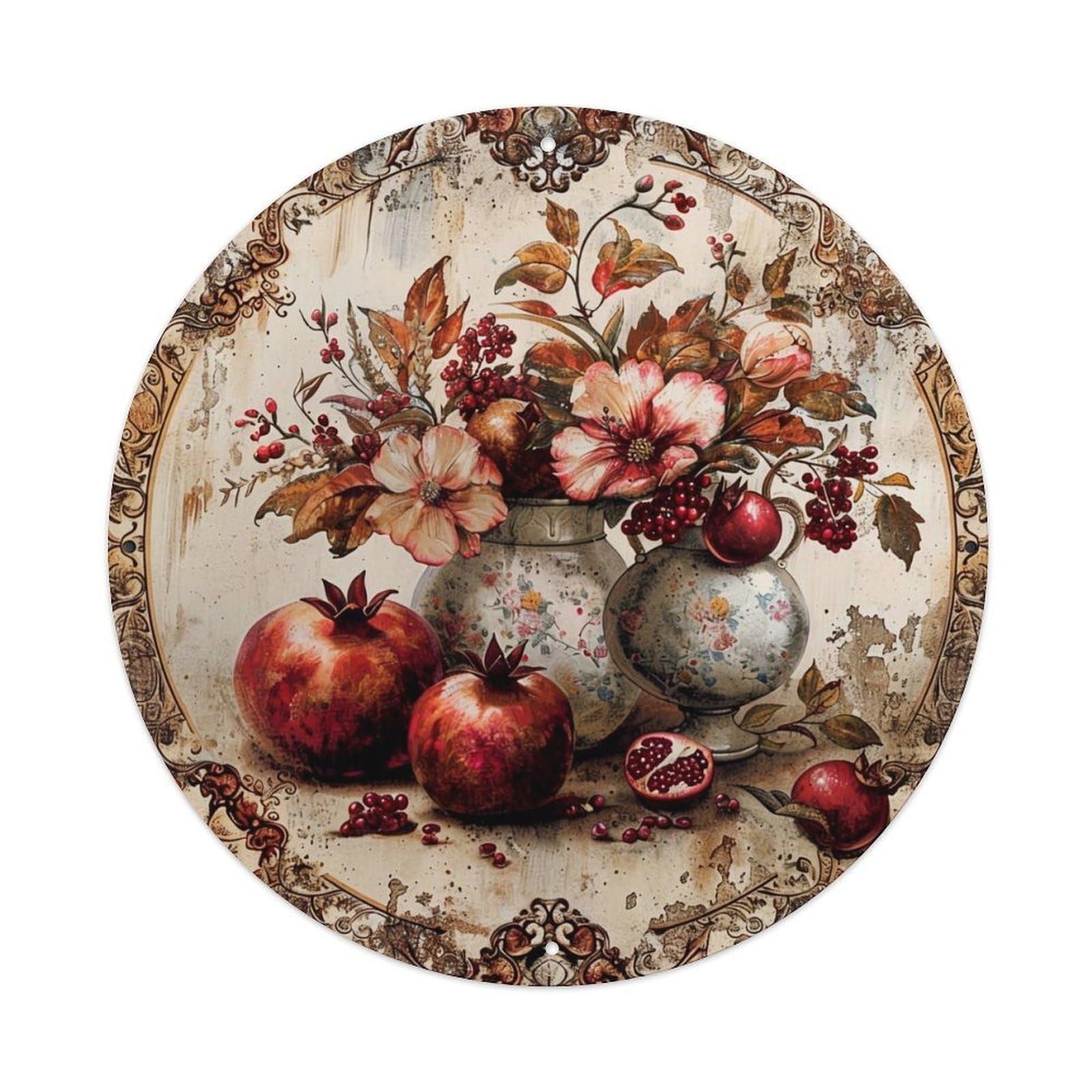 Floral Still Life Pomegranate Vase Vintage Round Tin Sign Retro Metal Wall Decor Metal Poster, Home Bar Garage Cafe Wall Art Decoration 8x8Inches