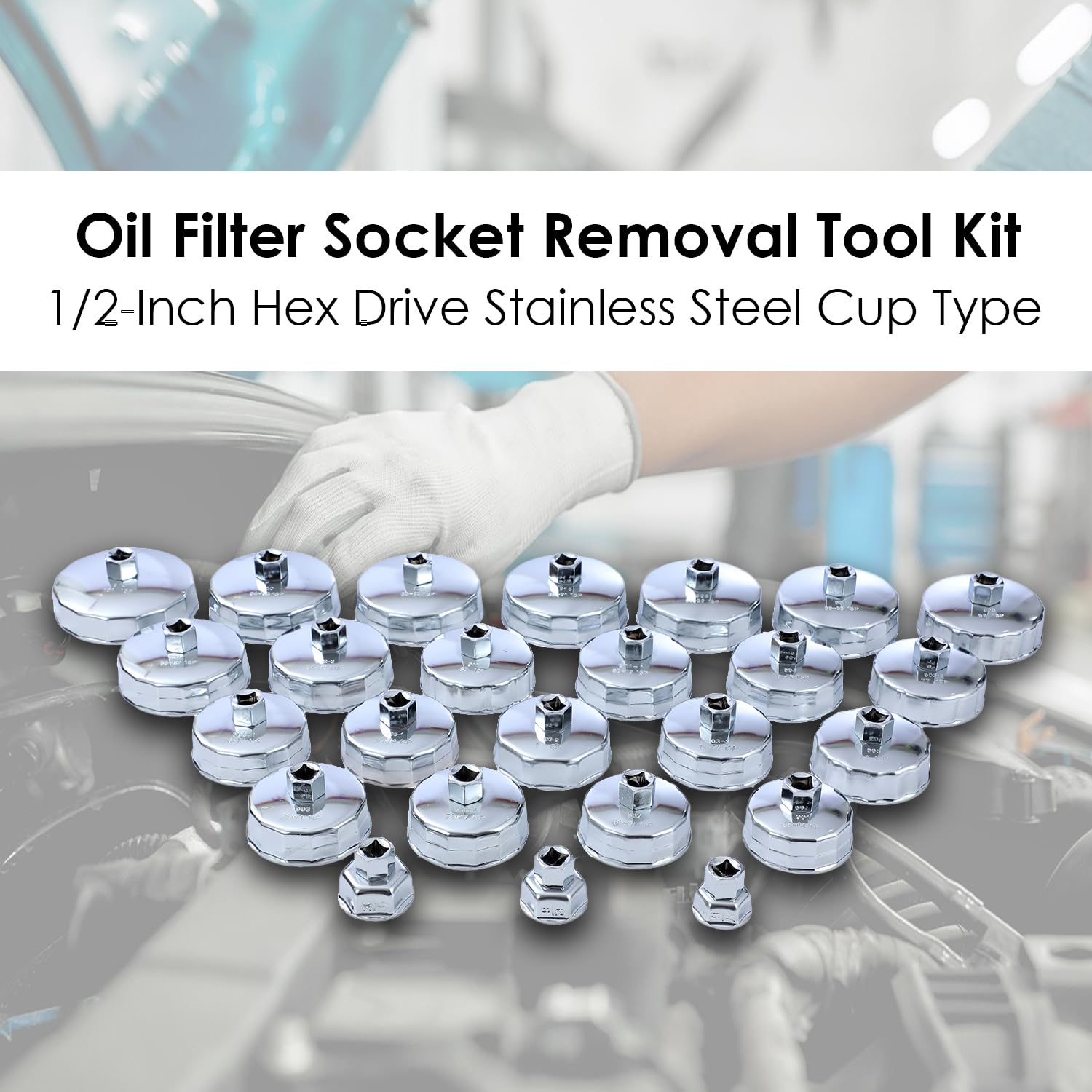 TOPWAY 25-teilig 1/2" Ölfilterkappen Satz Edelstahl Ölfilterschlüssel Ölfilter Schraubenschlüssel Entfernungswerkzeug für Garage, Auto Reparatur