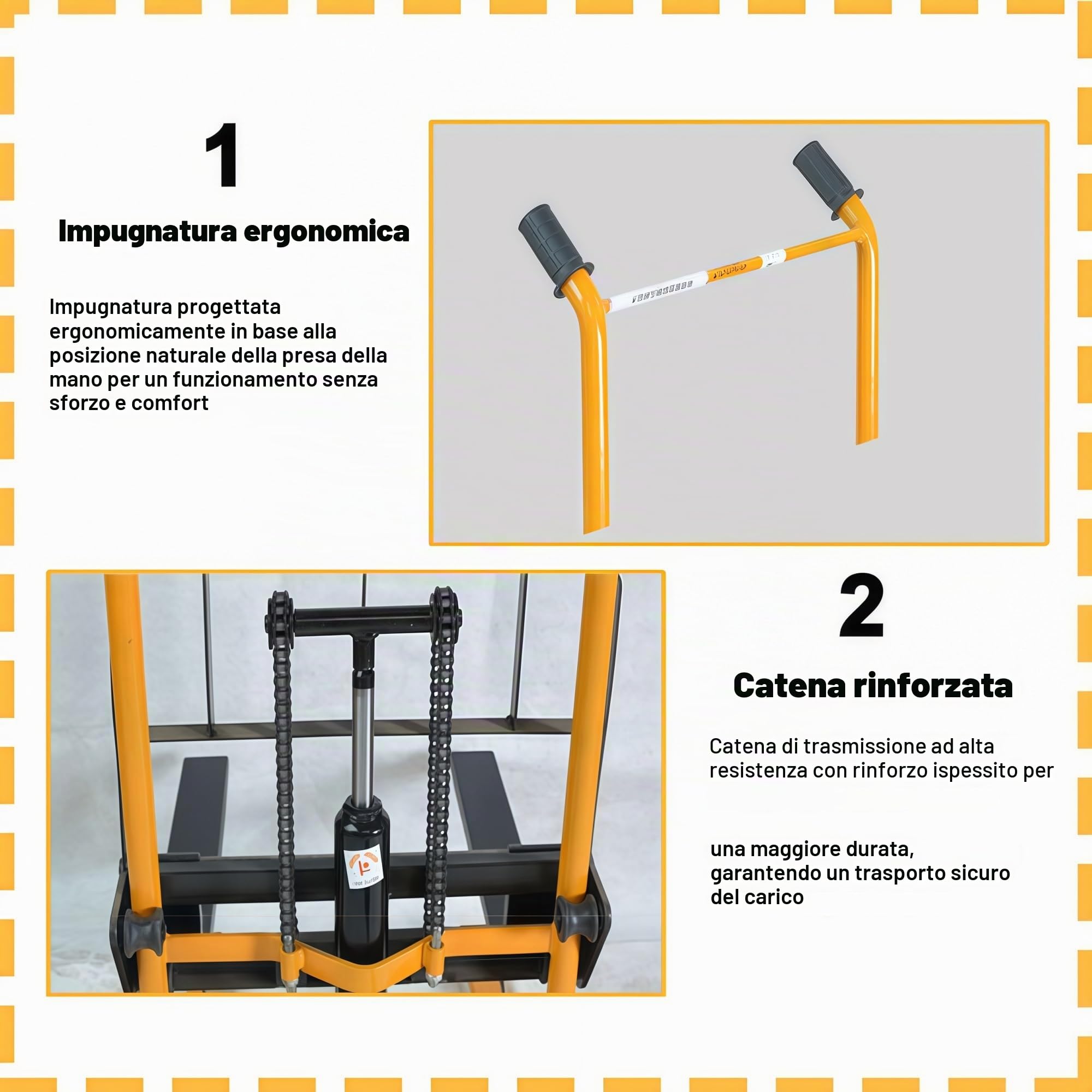 Transpallet manuale con funzione di sollevamento, portata 440 libbre, adatto alla movimentazione di merci in piccole imprese e ambienti industriali.