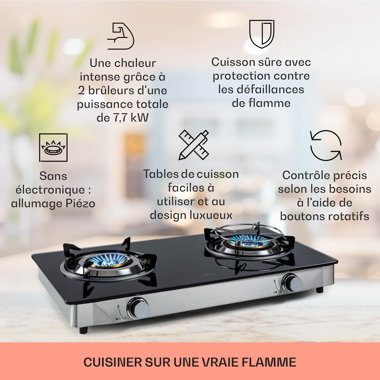 Klarstein Plaque de Cuisson Gaz 2 Feux, Table de Cuisson à 2 Brûleurs, Plaque Gaz de 7.7 kW, Piano Cuisine en Acier Inoxydable, Plaque de Cuisson Inox Portable
