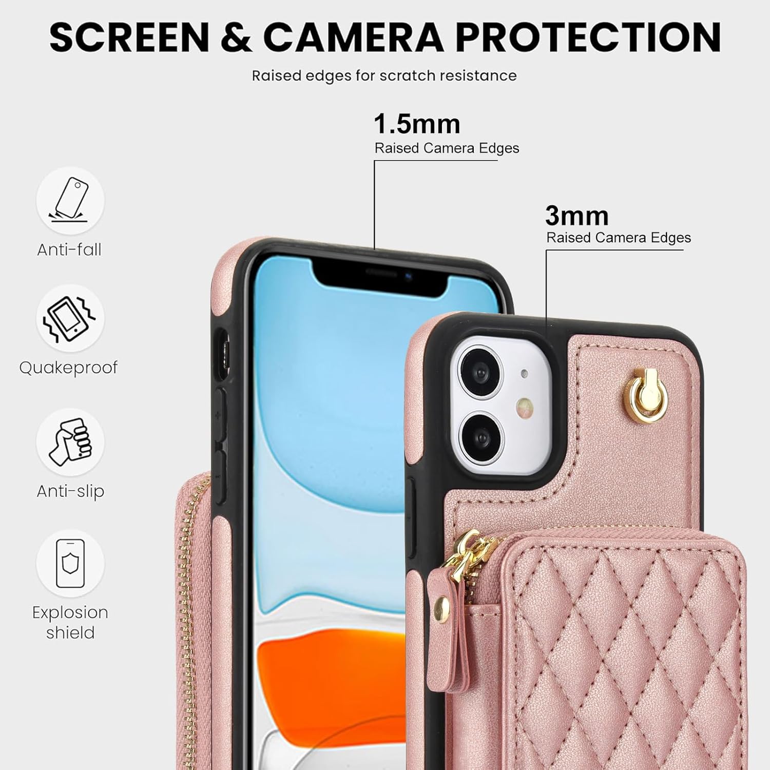 Phone Case for iPhone 11 6.1 Wallet Cell Cover with Tempered Glass Screen Protector Wrist Crossbody Strap RFID Blocking Card Holder iphone11case iPhone11 i Phone11 11s XI 11R Women Girls Rose Gold