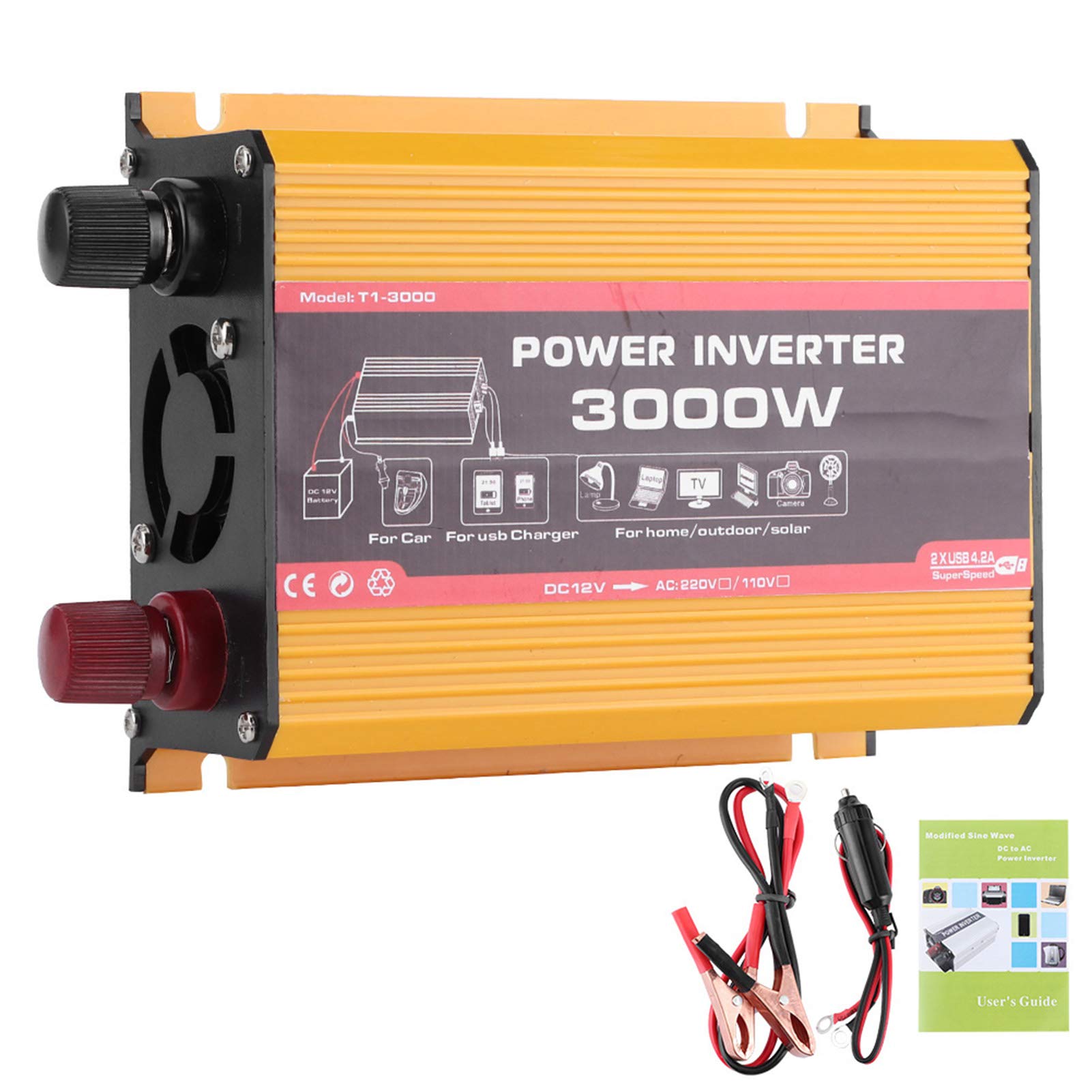 Power Inverter 3000W Converter Auto Dual USB Fast Modified Sine Wave Adapter with Cigarette Lighter (US Plug)