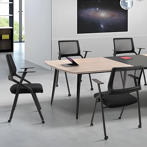 Miniatura 9 de CLATINA Sillas plegables apilables para sala de conferencias con ruedas, silla de escritorio de oficina acolchada portátil con soporte lumbar y