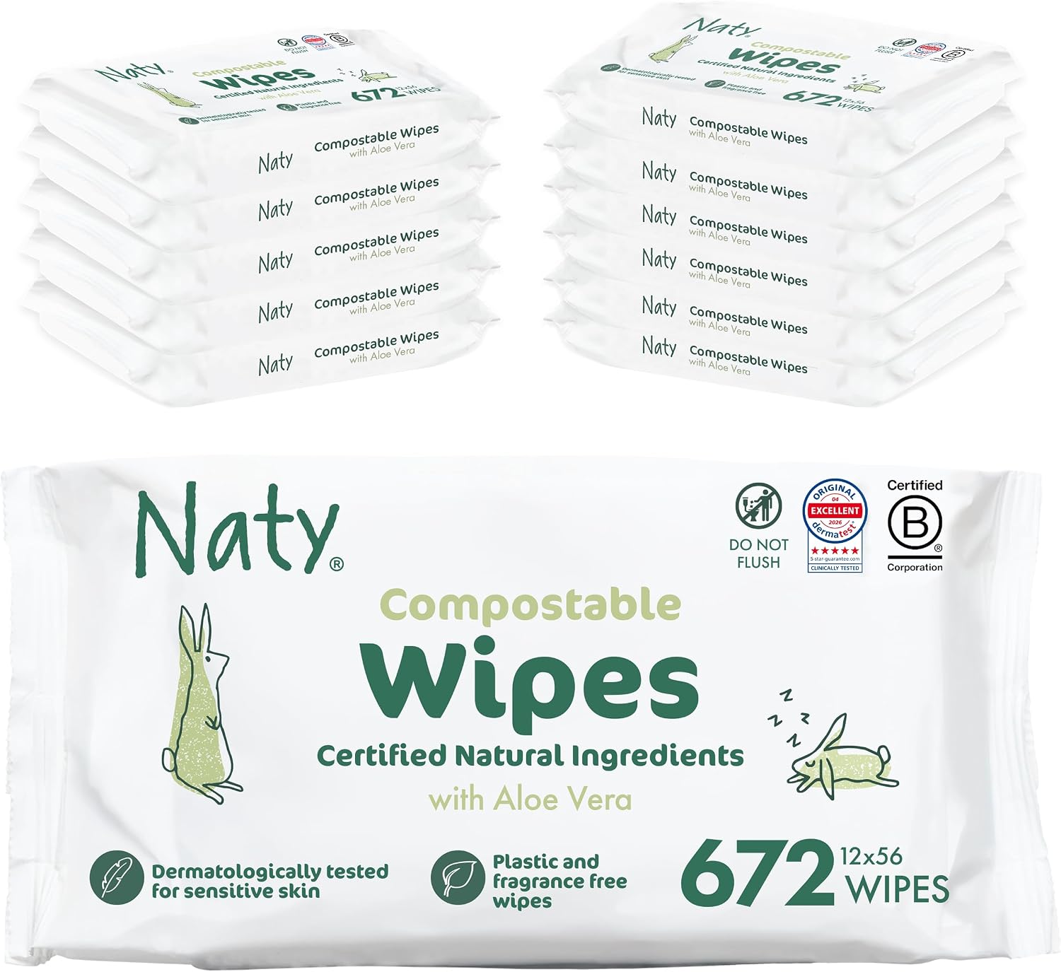 Naty Baby Wipes Aloe Vera, Sensitive Skin, 98% Water, 672 Count (12 Packs)