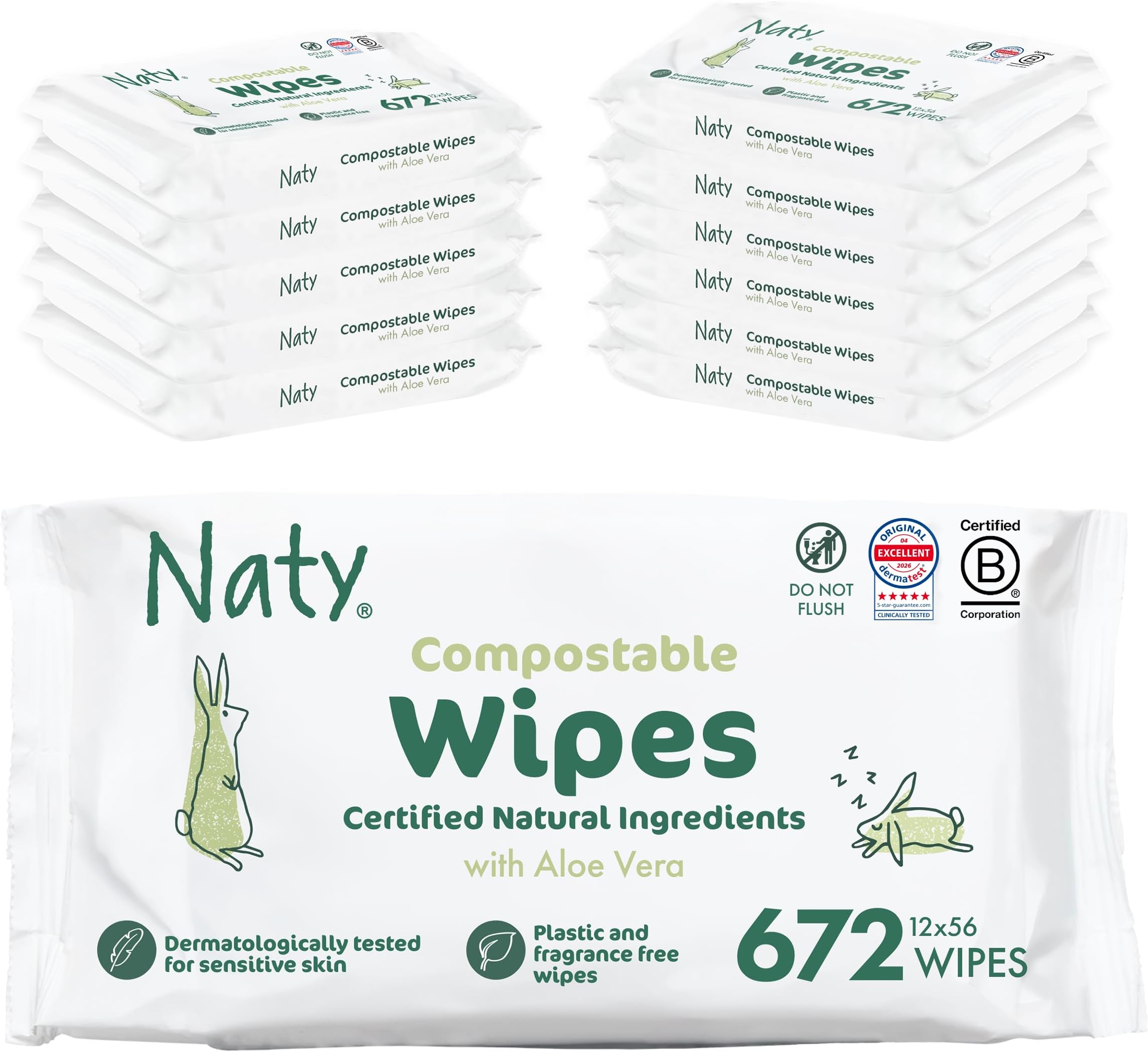 Baby Wipes Aloe Vera, Sensitive Skin, 98% Water, 672 Count (12 Packs)