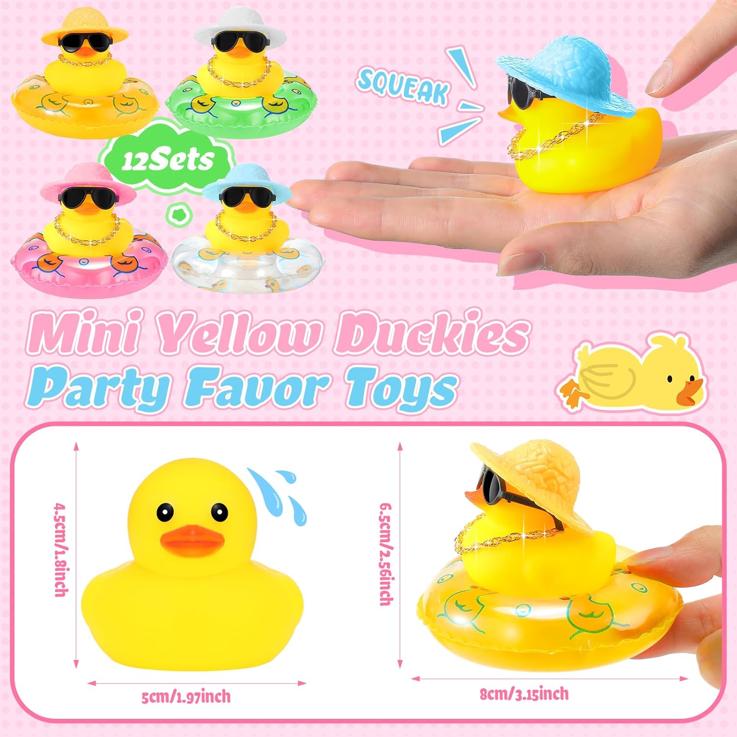 Sotiff 12 Sets Mini Rubber Ducks Bulk for Kids Children Cute Yellow Duck Toy Dashboard of Car Ornaments with Sunglasses Swim Ring Mini Hat Necklace Gift for Summer Birthday Party Favor (Novelty)