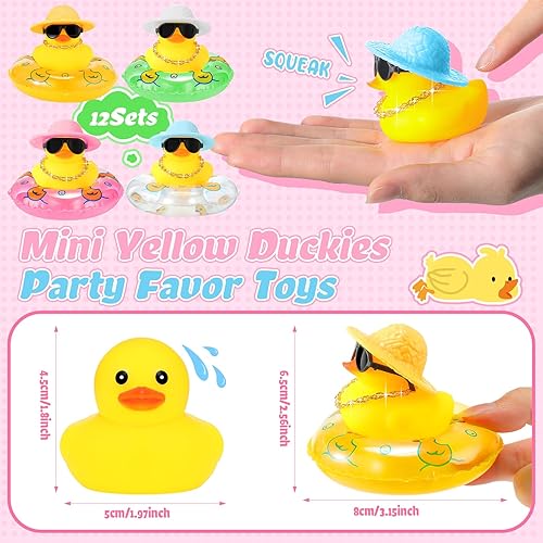 Miniatura 10 de Sotiff Mini patos de goma a granel para niños, lindo juguete de pato amarillo para tablero de instrumentos de automóvil, adornos de bañera con gafas