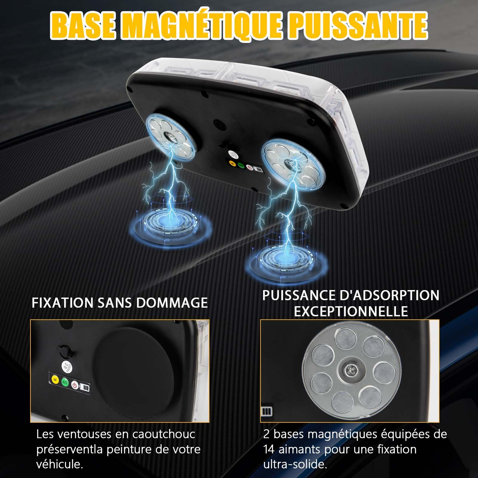 Luces estroboscópicas inalámbricas naranja/blanco con base magnética, luz de baliza de emergencia recargable de 48 LED, luz intermitente de techo para vehículos de camiones de coche