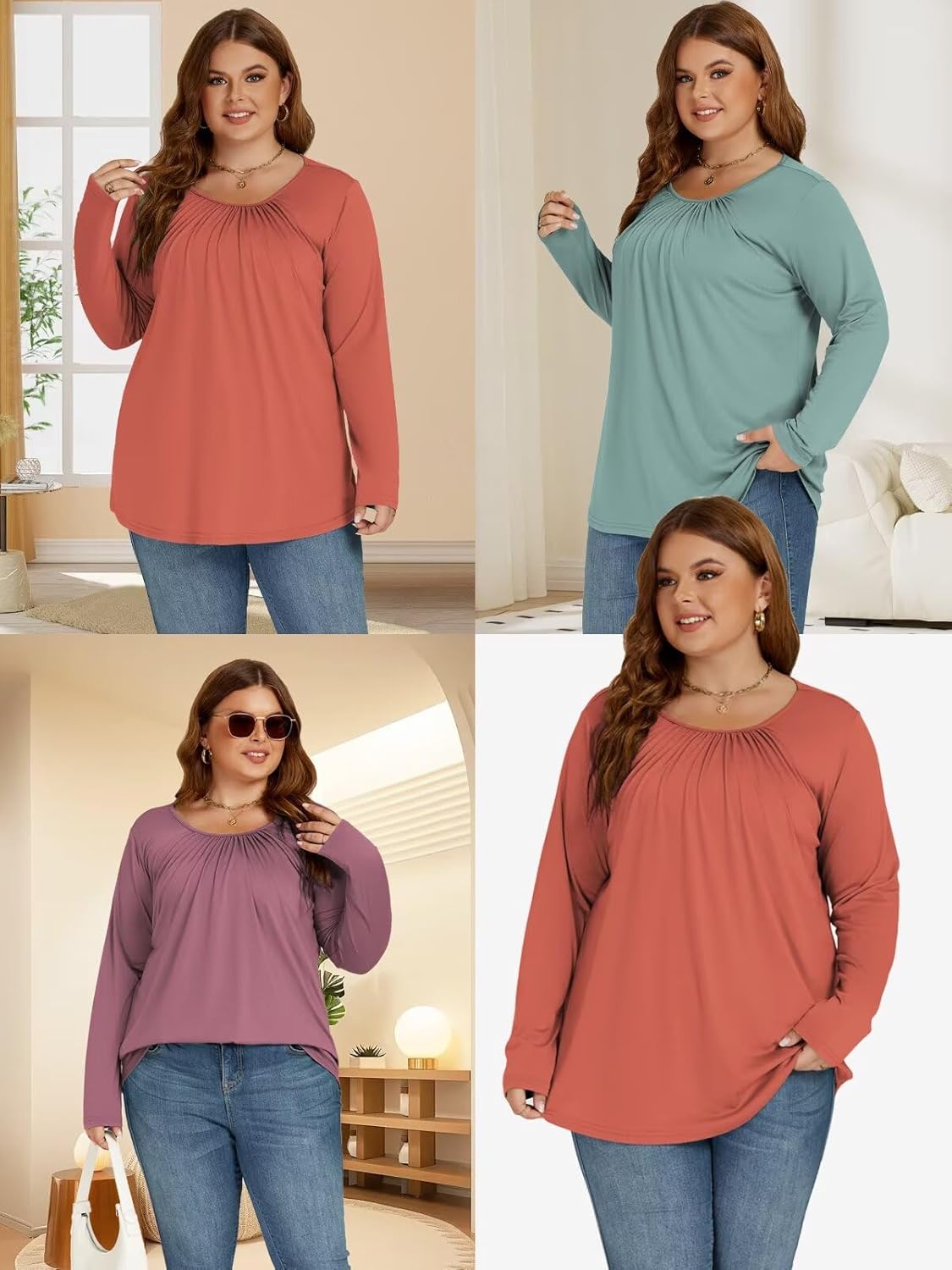 DOLNINE Plus-Size-Tops for Women Casual Crewneck Shirts Basic Long Sleeve Tee Tunics Trendy Pleated Blouses XL-5XL - Image 7