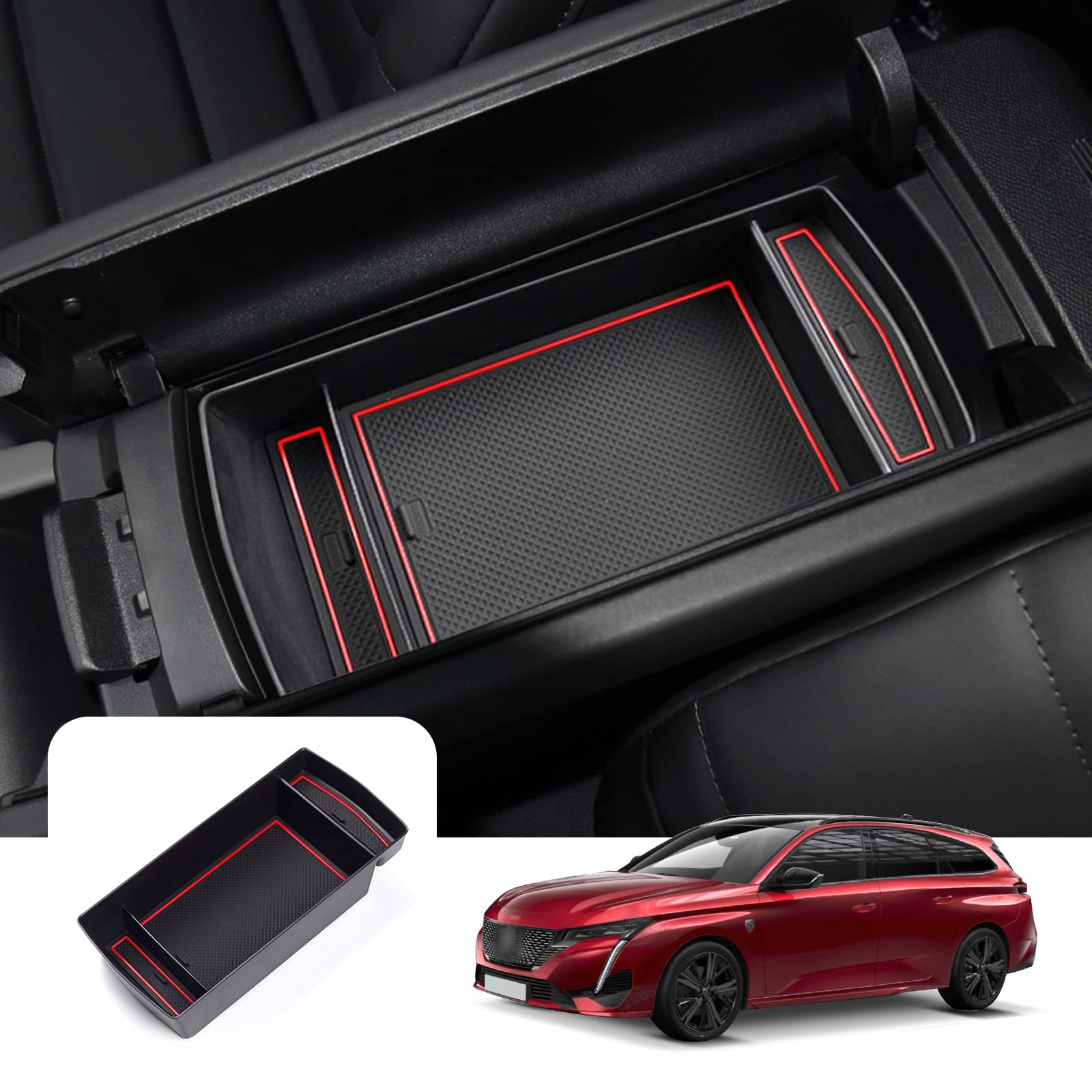 Boîte De Rangement Pour Accoudoir Peugeot 308 SW P5 (2021-2023) - Plateau Organisateur Avec Tapis Antidérapant - Noir - 5