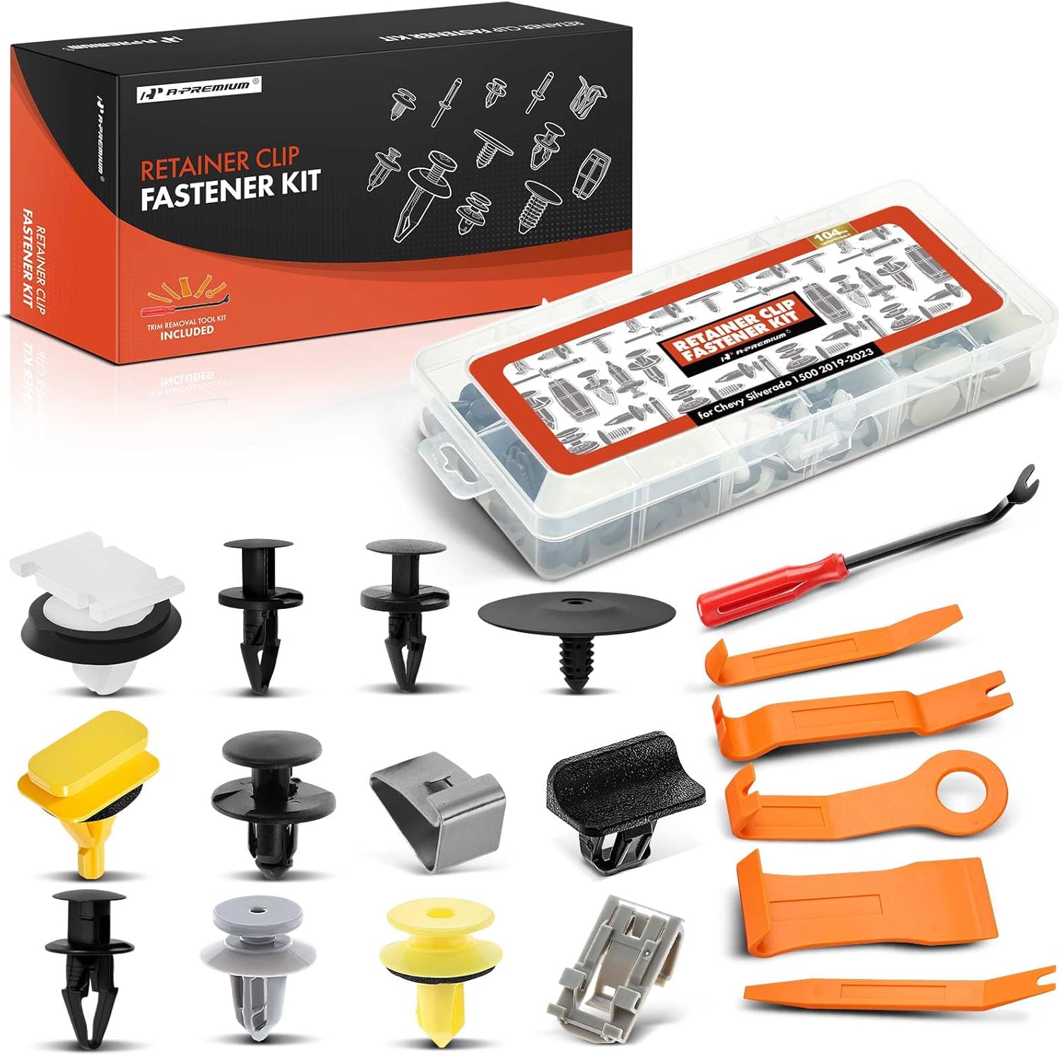 A-Premium 104PCS (26.4 oz/12 Sizes) Front Bumper Retainer Clips w/Removal Tool Compatible with Chevy Silverado 1500 2019-2023 Molding Fasteners Assortment Grille Clips Door Trim Push Pin Rivets Set