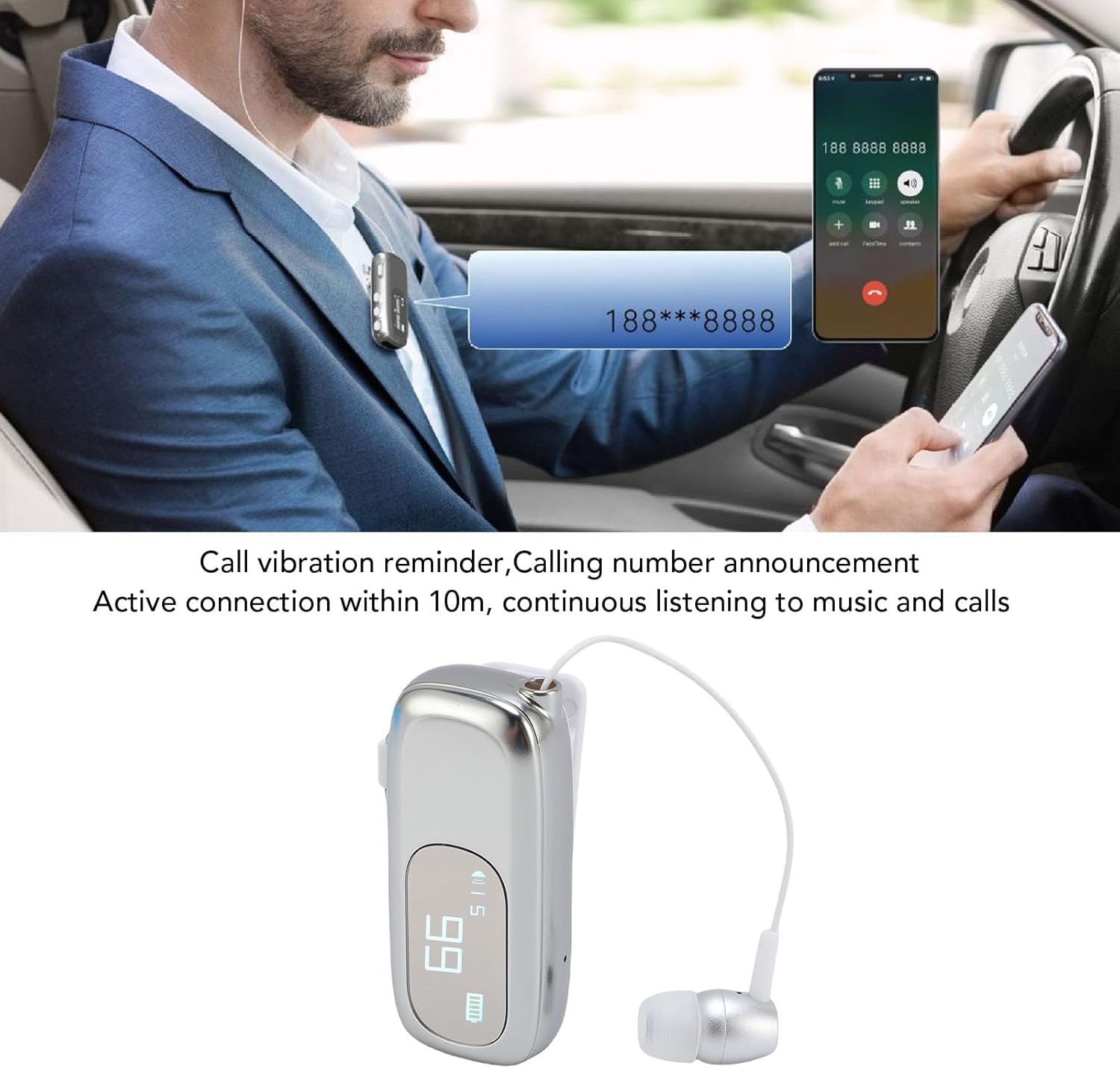 ciciglow Retractable Wireless Headset, Clip on Bluetooth Headphone with LCD Digital Power Display, Lightweight Sports Running Business Trucker Driver Music Earphone for Phone