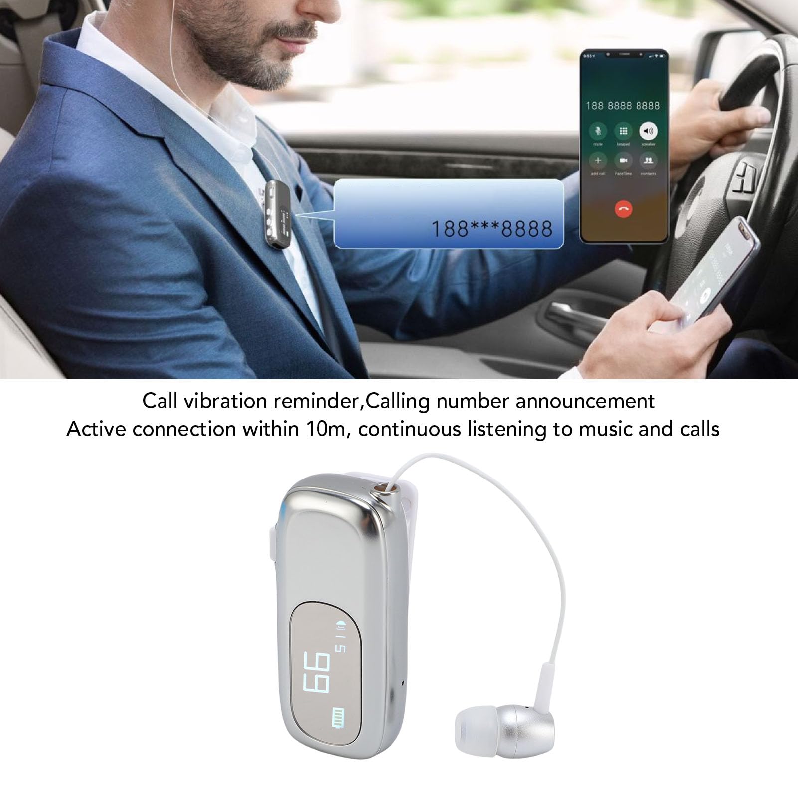 Dpofirs Retractable Wireless Headset, Bluetooth Headphone for Business Sports Running, Clip On Earpiece, with LCD Battery Display (Electroplated Bright Silver)