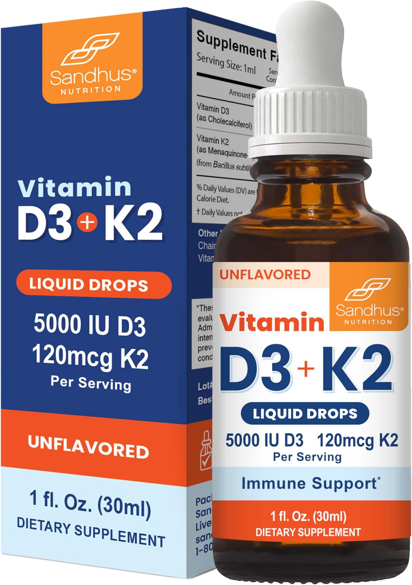 Sandhu's Vitamin D3 K2 Drops for Adults | 5000 IU D3 Liquid, 120mcg K2 Supplement 1 Fl Oz (Pack of 1) | D3K2 Supports Superior Absorption, Energy, Immune, Muscle Health for Men & Women