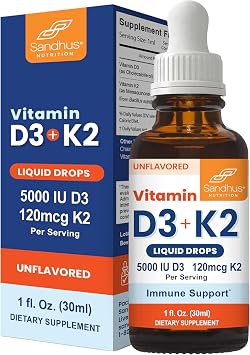 Sandhus Vitamin D3 K2 Drops for Adults | 5000 IU D3 Liquid, 120mcg K2 Supplement 1 Fl Oz Pack of 1 | D3K2 Supports Superior Absorption, Energy, Immune, Muscle Health for Men & Women