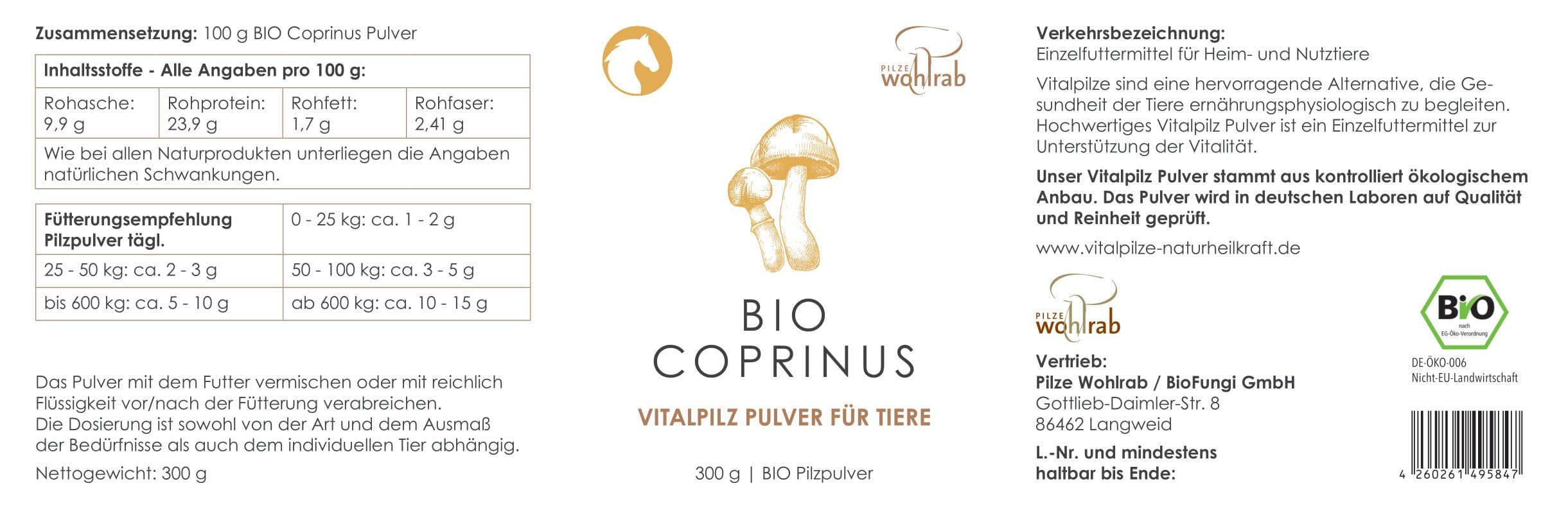 Bio Coprinus comatus Pulver für Tiere - 300 g - Reines Schopftintling Pulver - Vitalpilze - Dosierung für Tiere - 1 Dose - Höchste Bio-Qualität