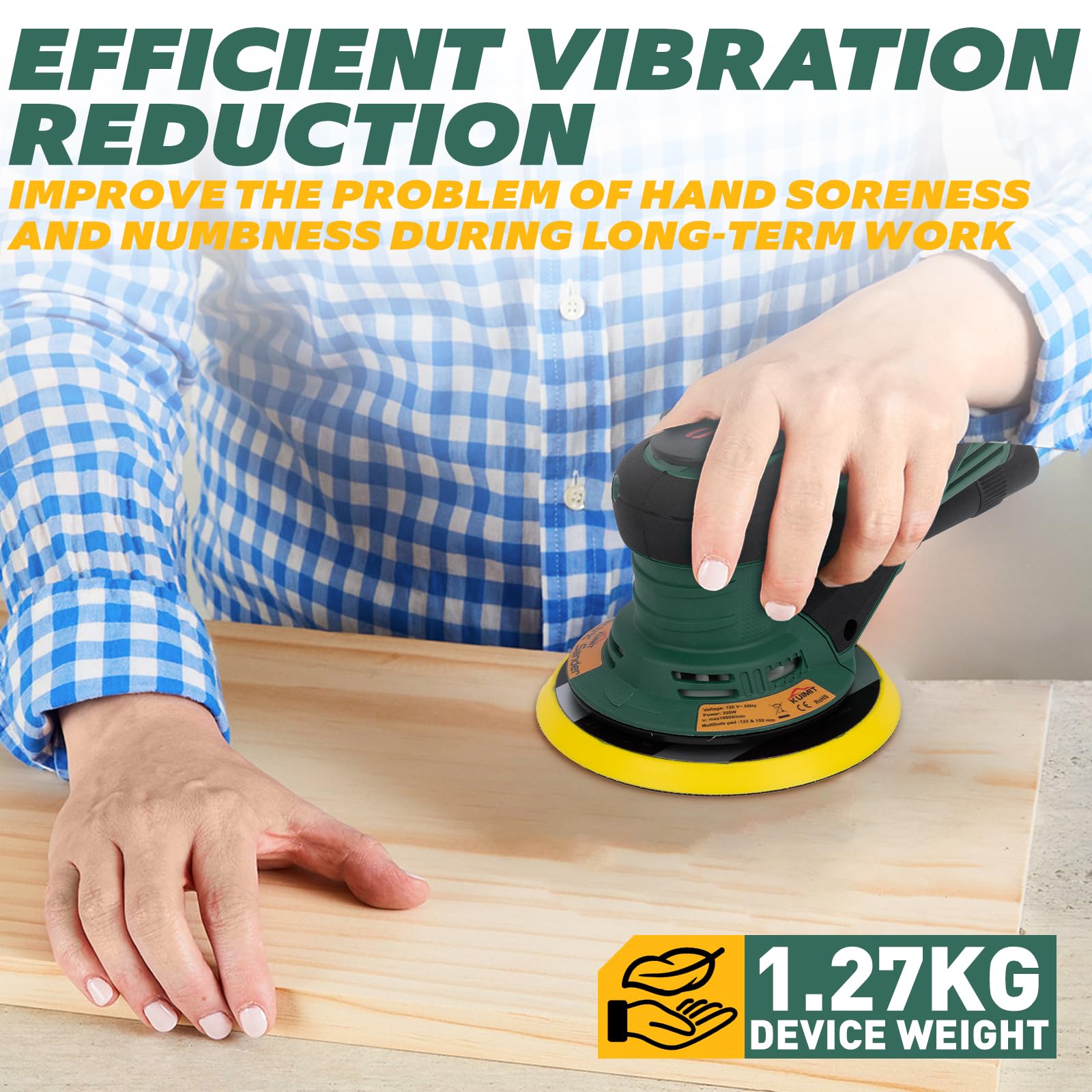 Lijadora Excéntrica, 350W Lijadora Orbital Electrica con Almohadillas Dobles de 125/150mm, Velocidad Variable de 4000-10,000 RPM, para Trabajar y Pulir Madera en Suelos, Proyectos de Automoción