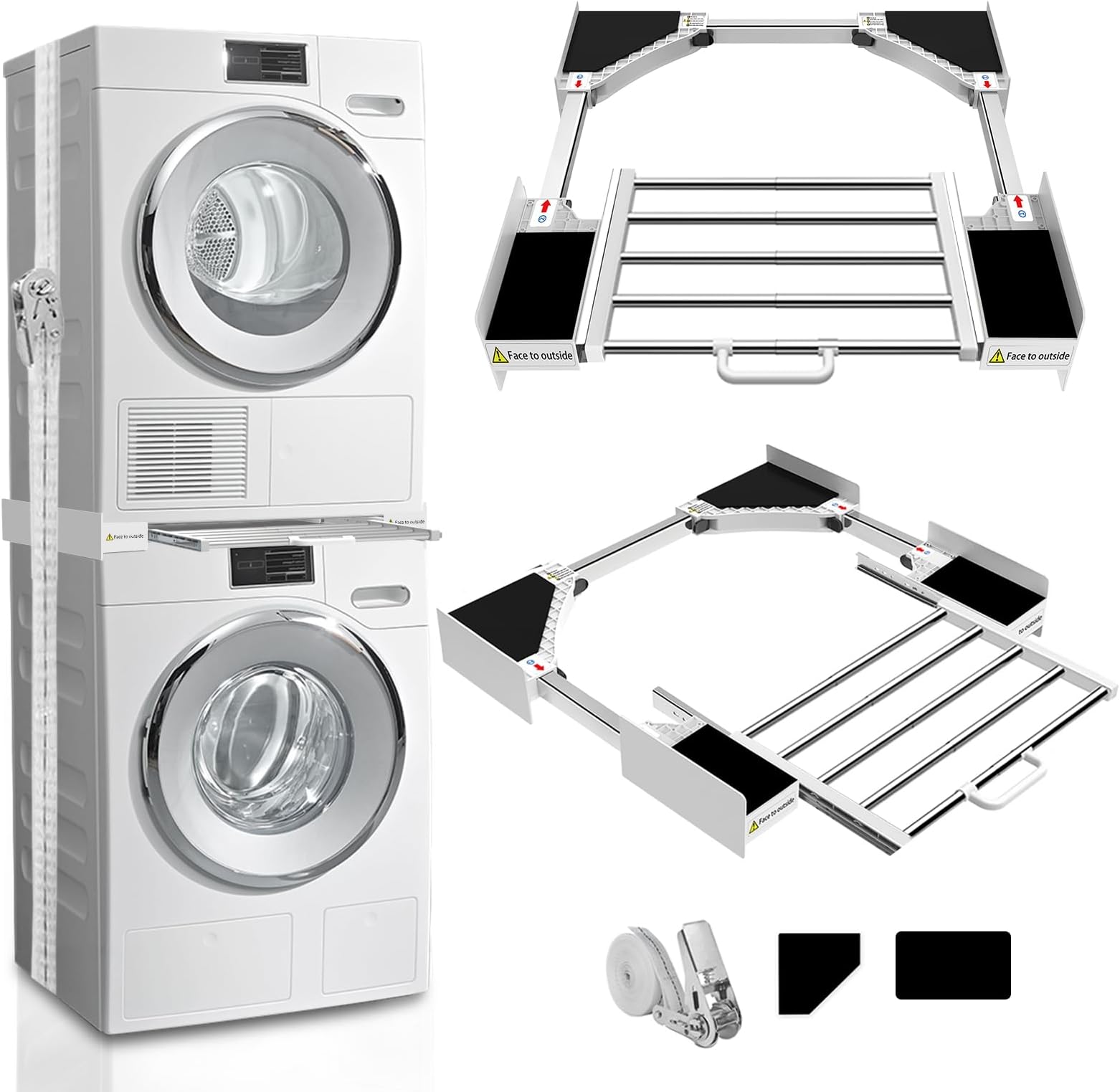 Kiss Core Washer Dryer Stacking Kit 29 inch, Universal Washer and Dryer Stacking Kit with Pull Out Drying Rack, Adjustable 29"/28"/27"/26"/25"/24" Stacking Kit with Ratchet Strap
