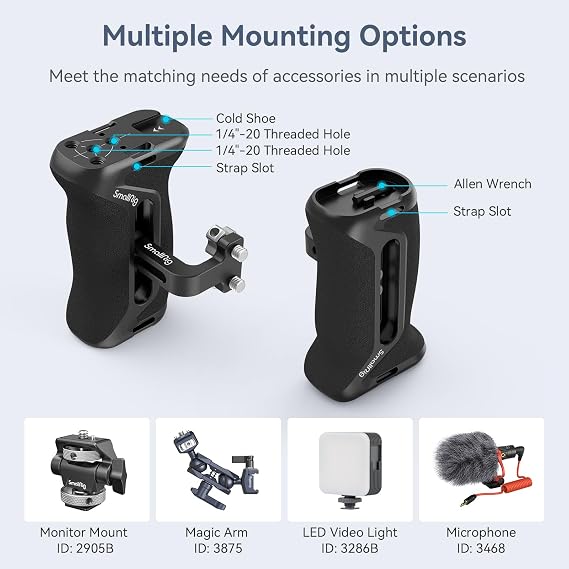 SMALLRIG Aluminum Side Handle for Camera Cages, Universal Ergonomic Side Handgrip with Bulit-in 1/4-20 Locating Hole, Strap Hole, Cold Shoe, 36mm Up/Down Adjustable - 4015