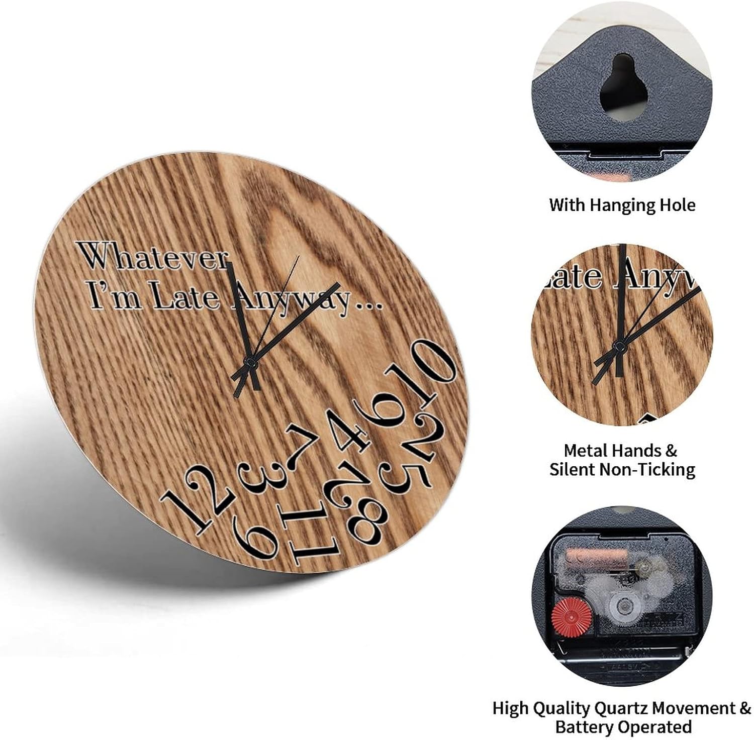 12in Wall Clock Brown Wood Grain Wooden Clock Arabic Numerals Coastal Style Silent Non-Ticking Battery Operated Novelty Home Accessories for Fireplace Study Room Dessert Station Travel Trailer image 3