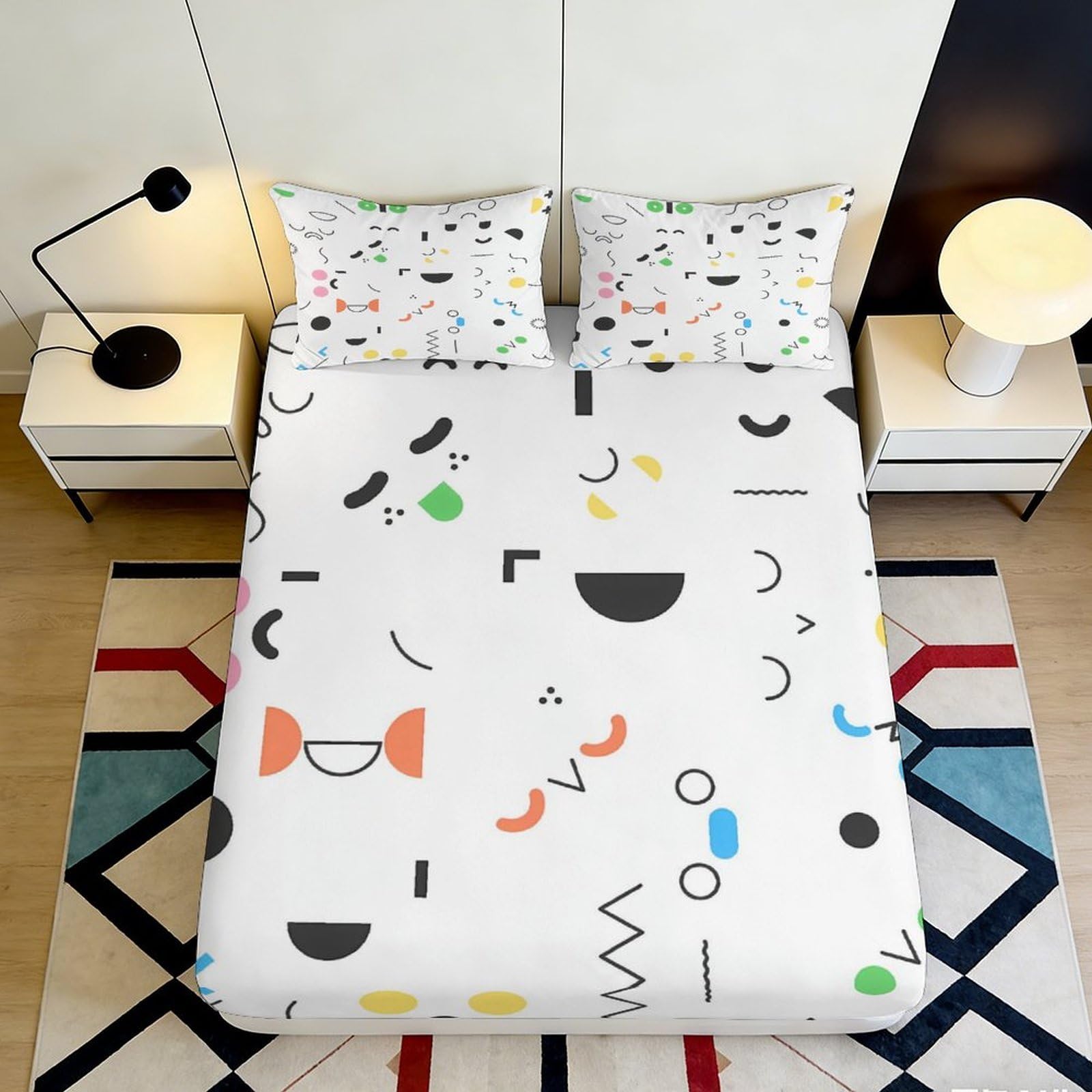 3D Printed Geometric Minimalist Fitted Sheet Microfiber Soft Colorful Abstract Mattress Cover for Bedroom Guest Room Dorm Bed Protection Decor 140x200x25cm