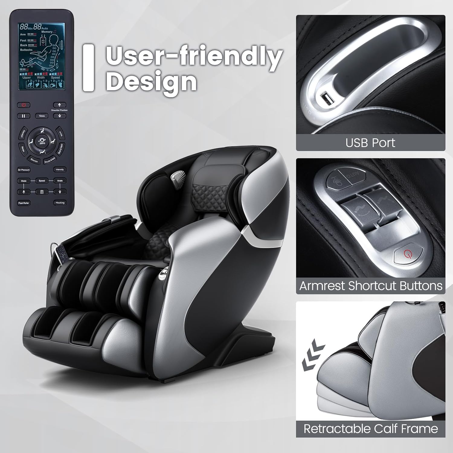 Relaxe Zero Gravity Shiatsu Massage Chair user-friendly design showing remote, USB port, armrest shortcut buttons, and retractable calf rest