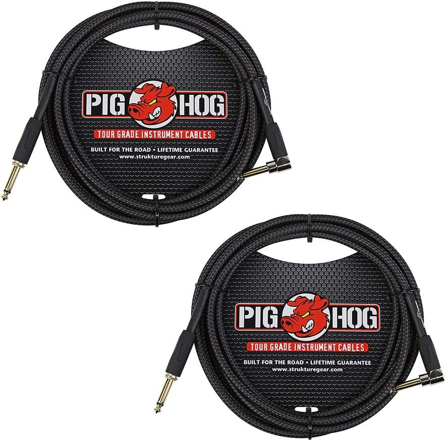Pig Hog PC-H10BKR 1/4" Right-Angle to 1/4" Black Woven Guitar Instrument Cable, 10 Feet (2-Pack)