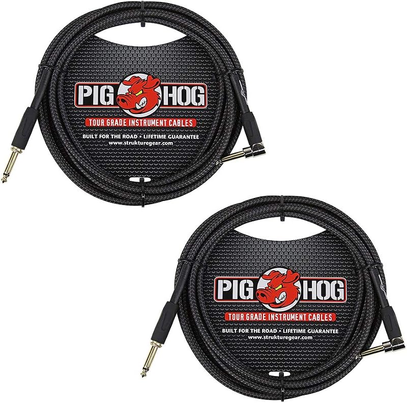 PC-H10BKR 1/4" Right-Angle to 1/4" Black Woven Guitar Instrument Cable, 10 Feet (2-Pack)