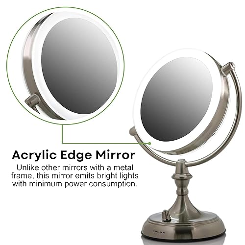 Miniatura 5 de OVENTE Espejo de maquillaje de mesa iluminado de 9 pulgadas con aumento 1X5X, espejo de tocador de aumento de doble cara con luces LED regulables,