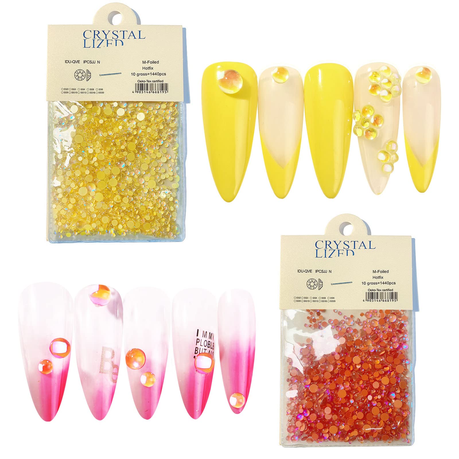 BQAN 2880Pcs Sparkly Opal Rhinestones for Nails, 3D Candy Colorful Rhinestones Crystal Mermaid Gems Beads Flatback Glass Diamonds Nail Decoration for Nail Art DIY Crafts Jewelry (Orange and Yellow)