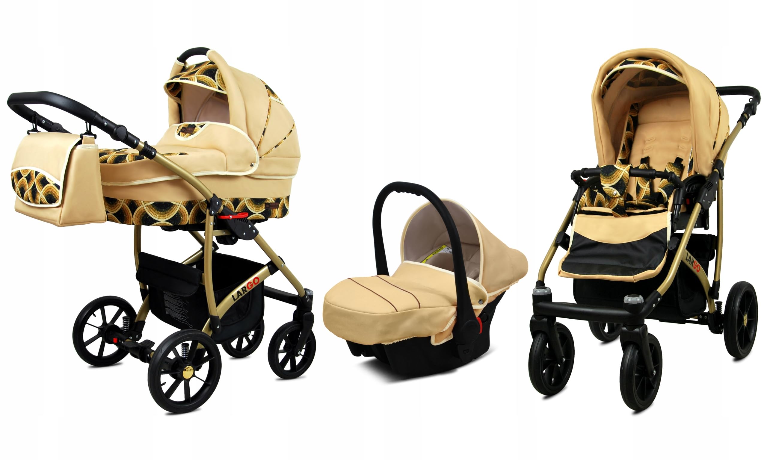 BabyLux Zestaw wózków dziecięcych 3 w 1 – Largo – w zestawie wanienka dla niemowląt, fotelik sportowy, fotelik samochodowy – zestaw wózków dziecięcych z torbą do przewijania, osłoną przeciwdeszczową