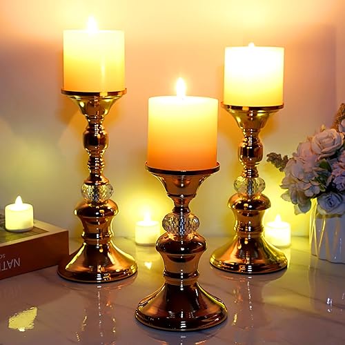 Miniatura 8 de OwnMy Juego de 3 portavelas de metal de oro rosa para velas de 3 pulgadas, elegantes soportes de velas de cristal de metal para mesa de comedor,