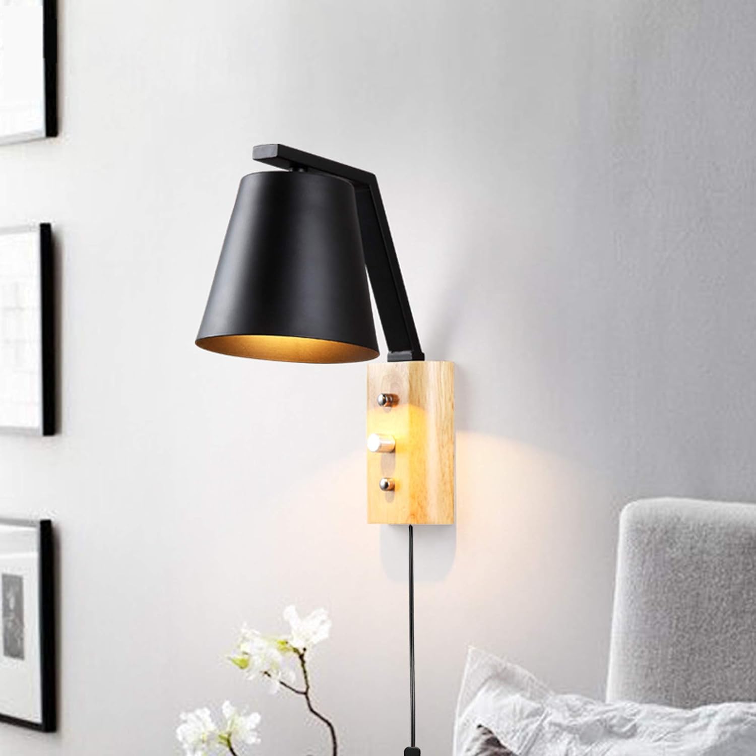 Colorful Nordic Style Wall Lighting with UL Plug-in Button Cord Macaron Black Minimalist Lights Fixtures Wooden Base Bedside Lamp for Bedroom Restaurant Bulbs Not Included