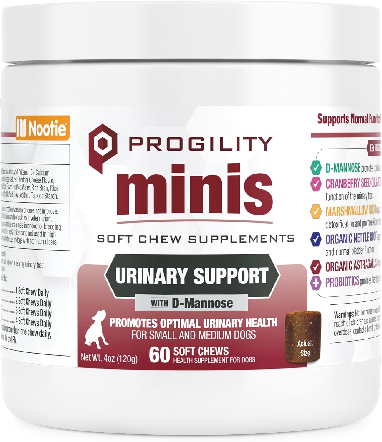 Nootie Progility Urinary Support Supplement for Dogs, Bladder Support and Urinary Tract Support for Dogs with Cranberry and D-Mannose, 90 Soft Chews per Container