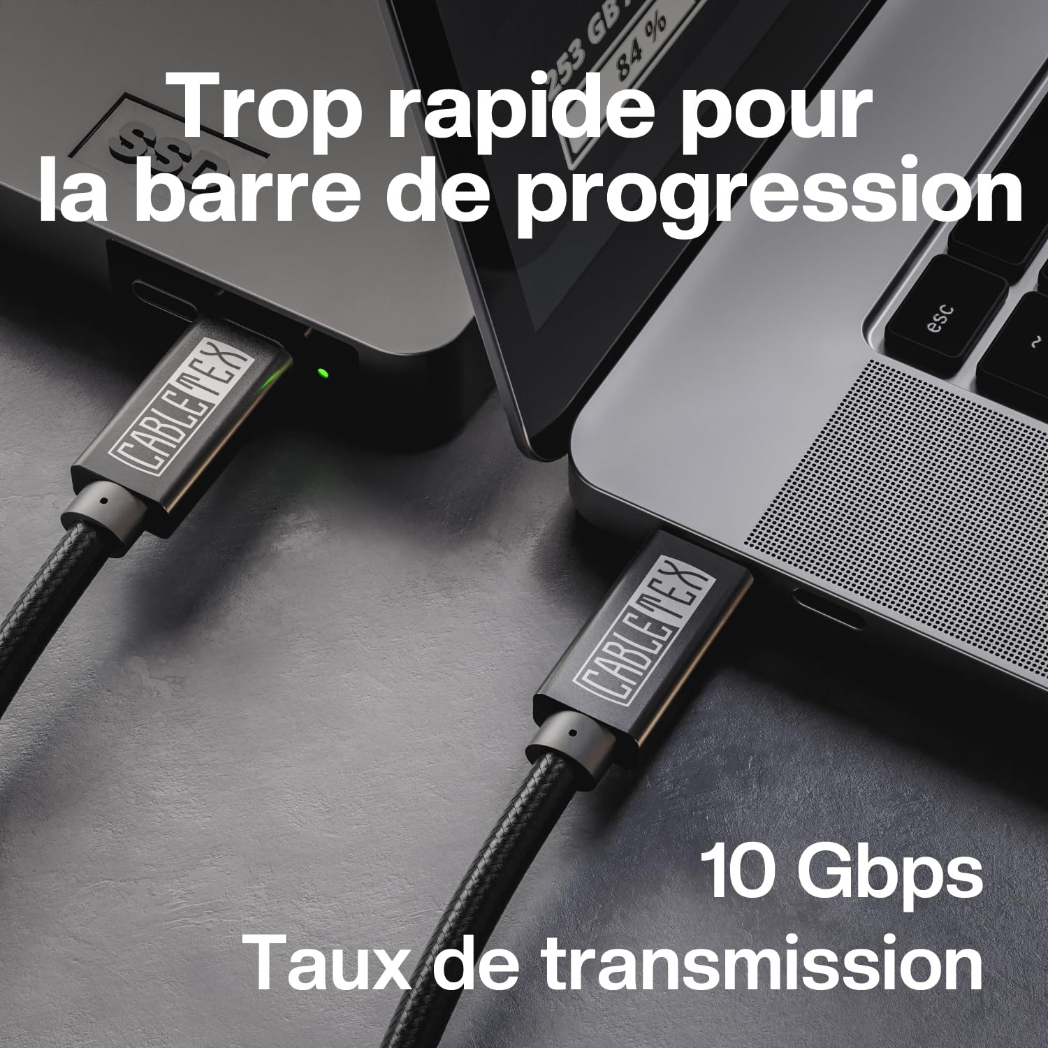 Câble USB-C 100W Waytex 2m - Charge Rapide PD 5A, Transfert Données 10Gbps, Gaine Nylon Tressé - Noir