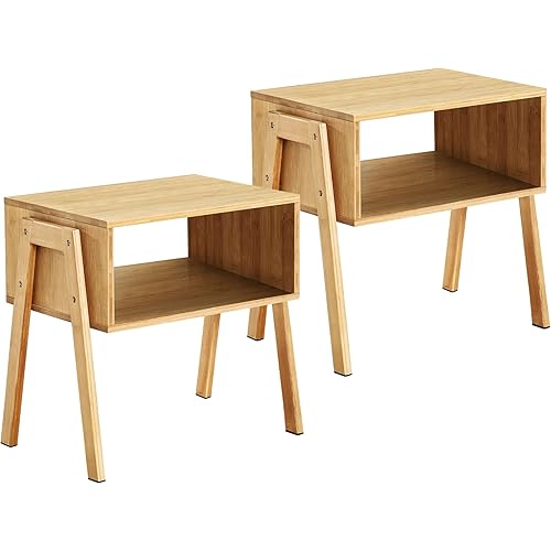 LASUAVY Bamboo Nightstands Set of 2 – Stackable Side Tables with Open Storage Compartment – Rustic Wood Bedside Tables for Bedroom, Living Room, Nursery – Modern and Versatile，Natural