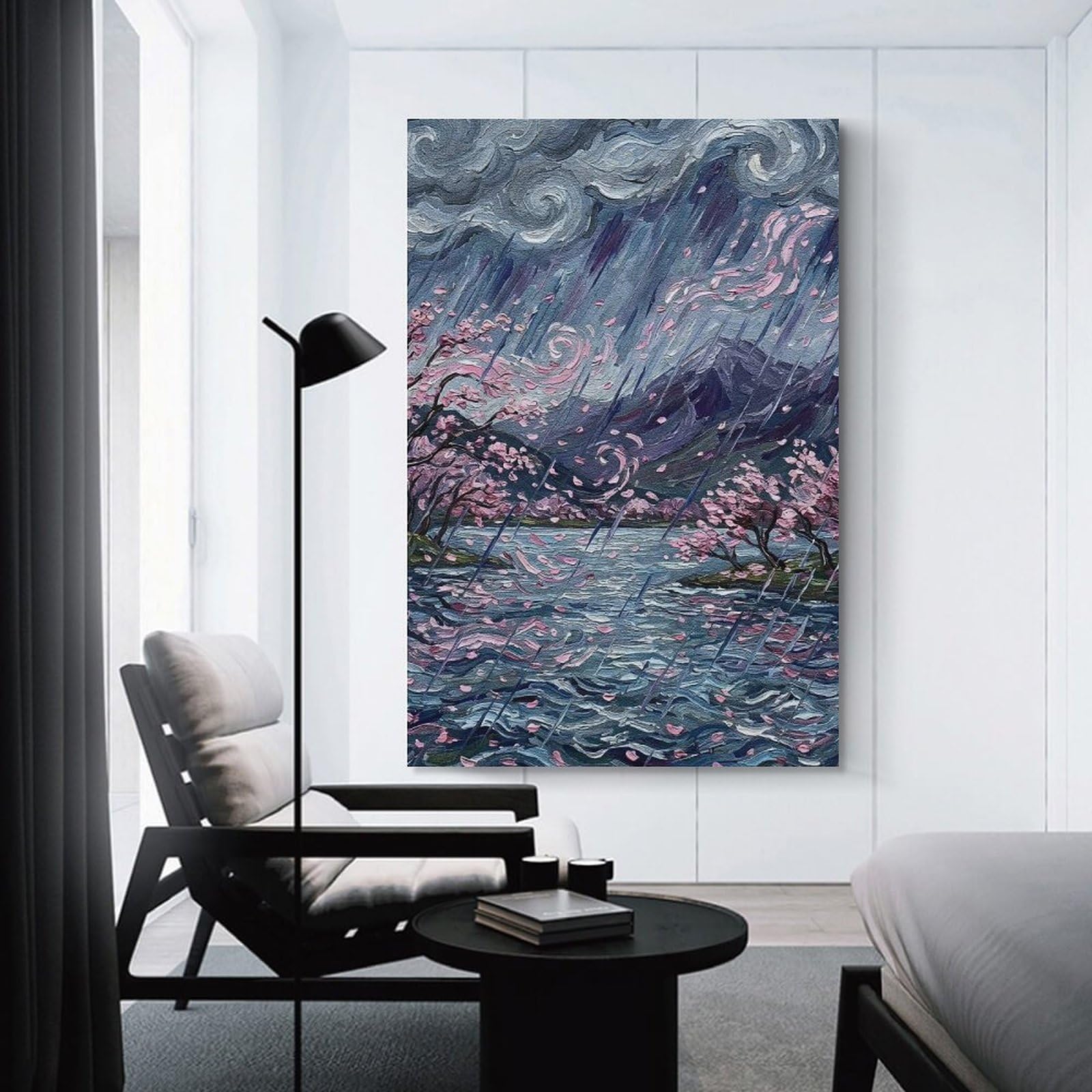 Junmoney Unframe-Style-16 Decorative Wall Artwork Rainy Cherry Blossom Landscape Painting, 24X36inch(60X90cm), For Living Room, Bedroom Or Apartment Walls, Decorative Artwork For Empty Walls